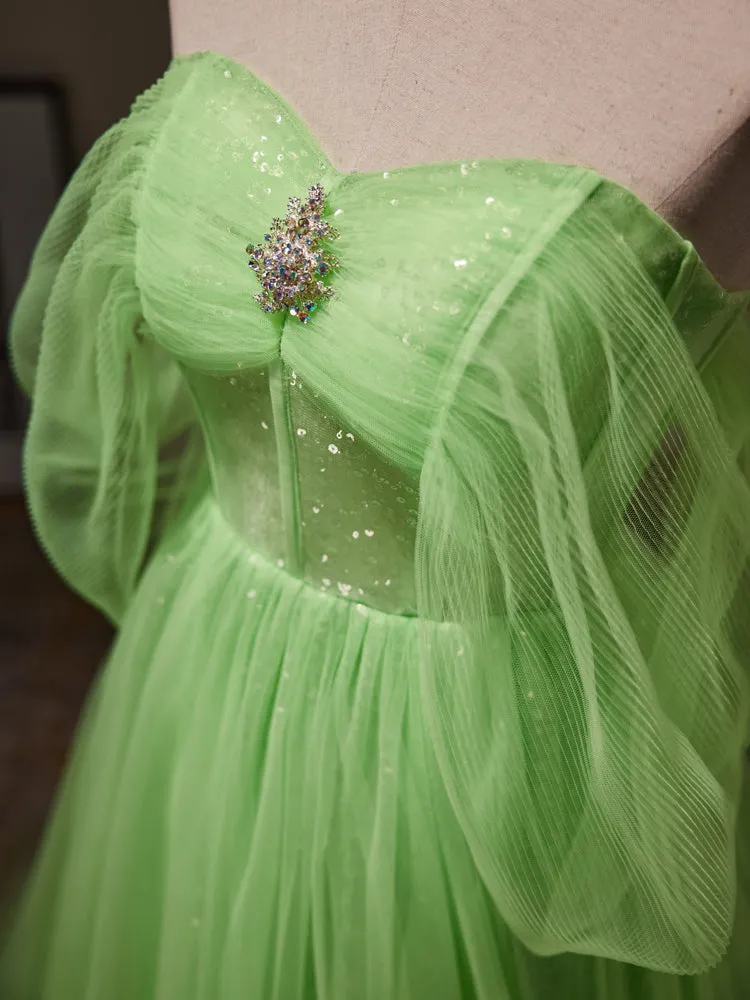 Lime Green Romantic See Through Tulle Ball Gown Prom Dress Formal Dress