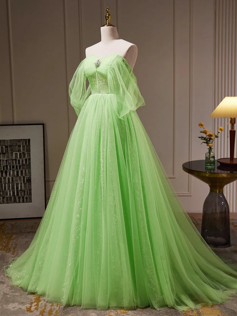 Lime Green Romantic See Through Tulle Ball Gown Prom Dress Formal Dress