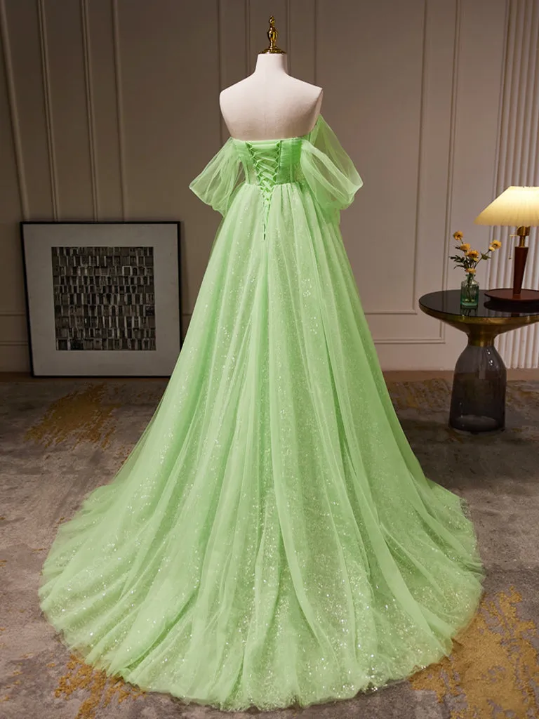 Lime Green Romantic See Through Tulle Ball Gown Prom Dress Formal Dress
