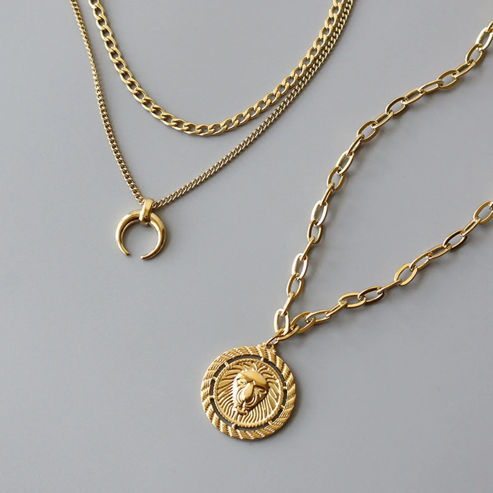 Lion and Moon Layering Necklace