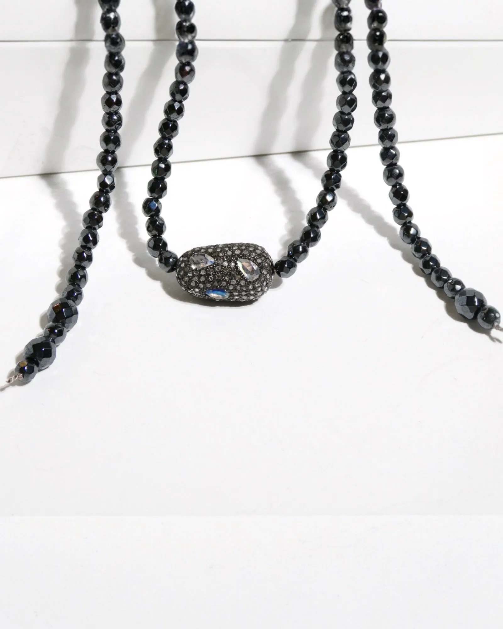 Long Natural Hematite Lariat Wrap Necklace with Pave Centerpiece Bead