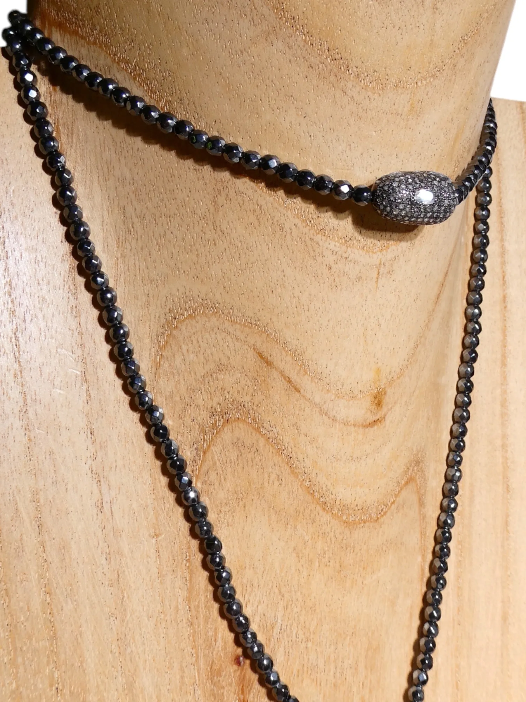 Long Natural Hematite Lariat Wrap Necklace with Pave Centerpiece Bead