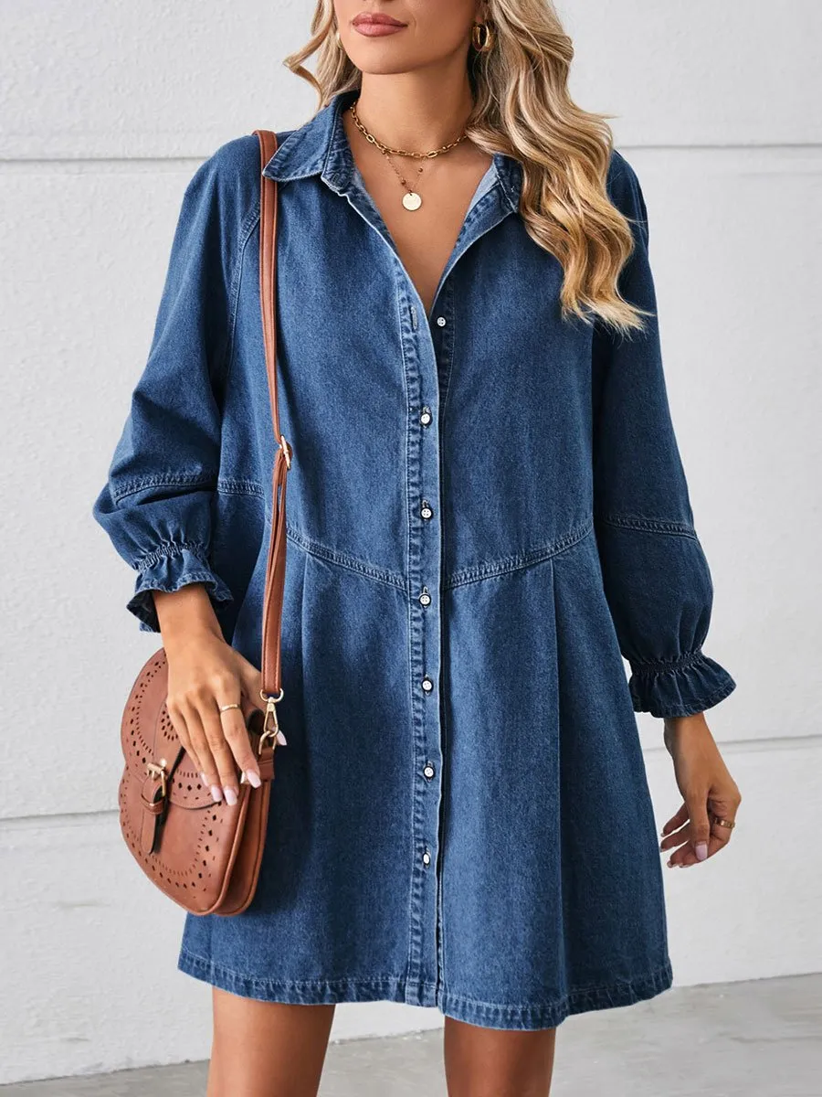 Loose Casual Fashion Retro Long Sleeve Splicing Denim Mini Dress