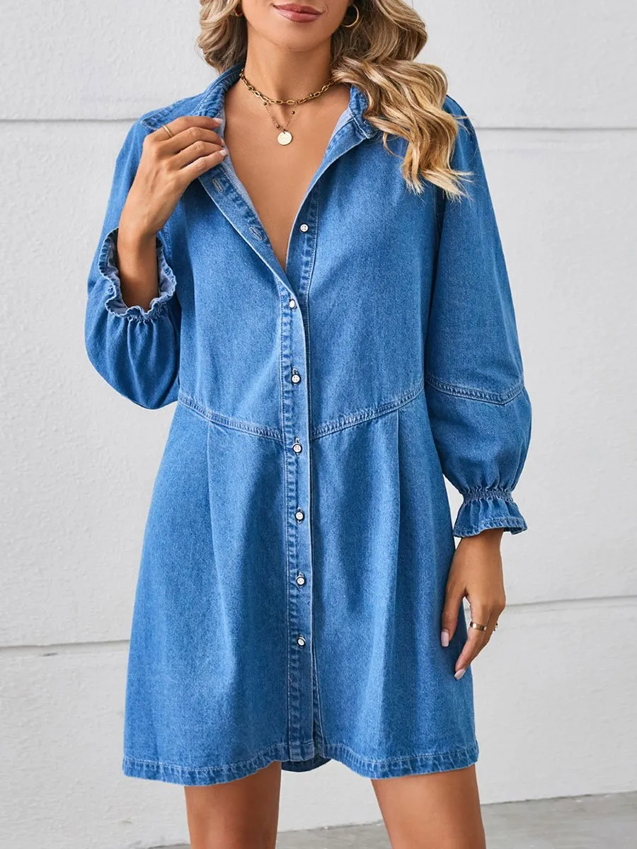 Loose Casual Fashion Retro Long Sleeve Splicing Denim Mini Dress