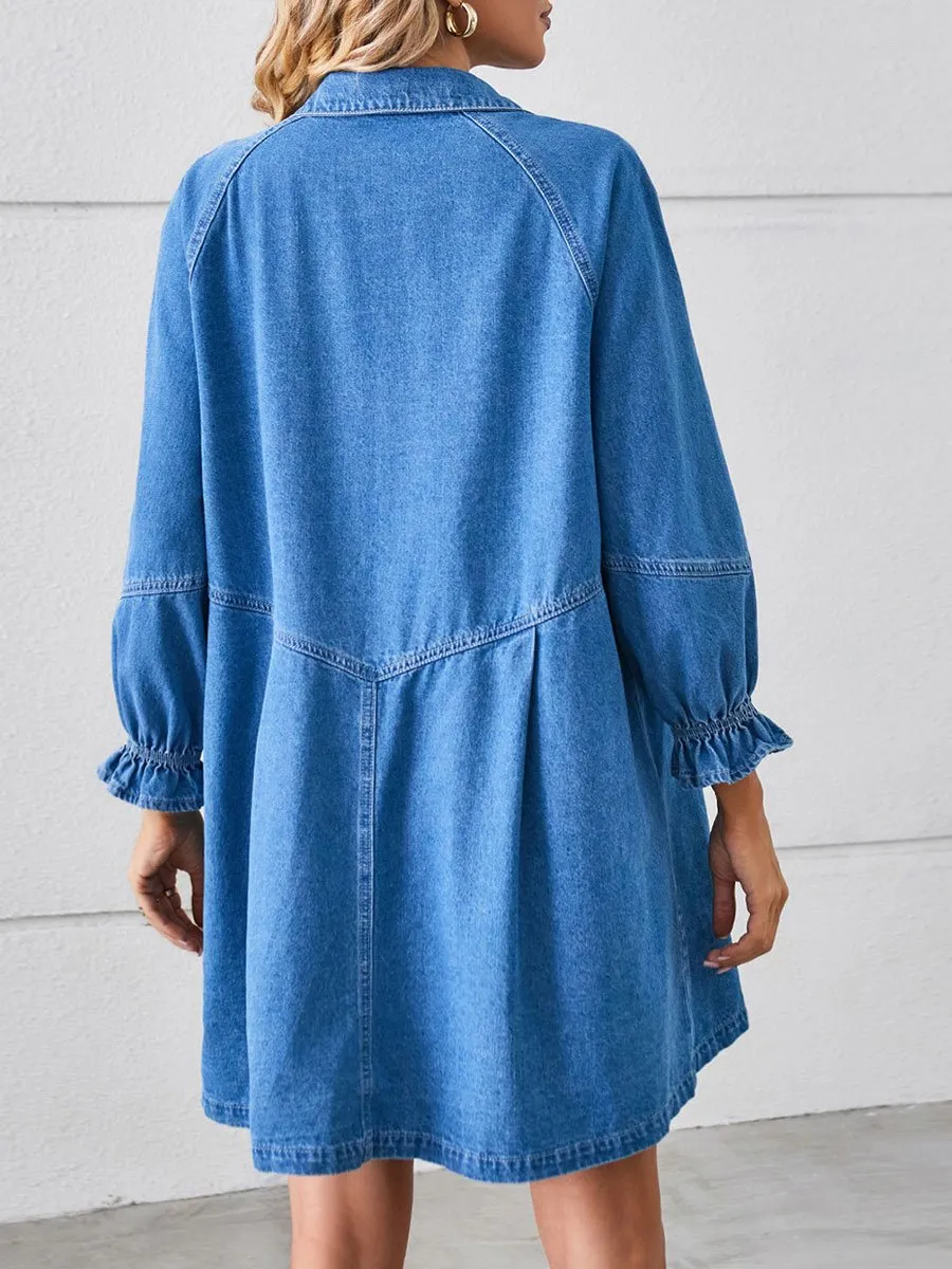 Loose Casual Fashion Retro Long Sleeve Splicing Denim Mini Dress