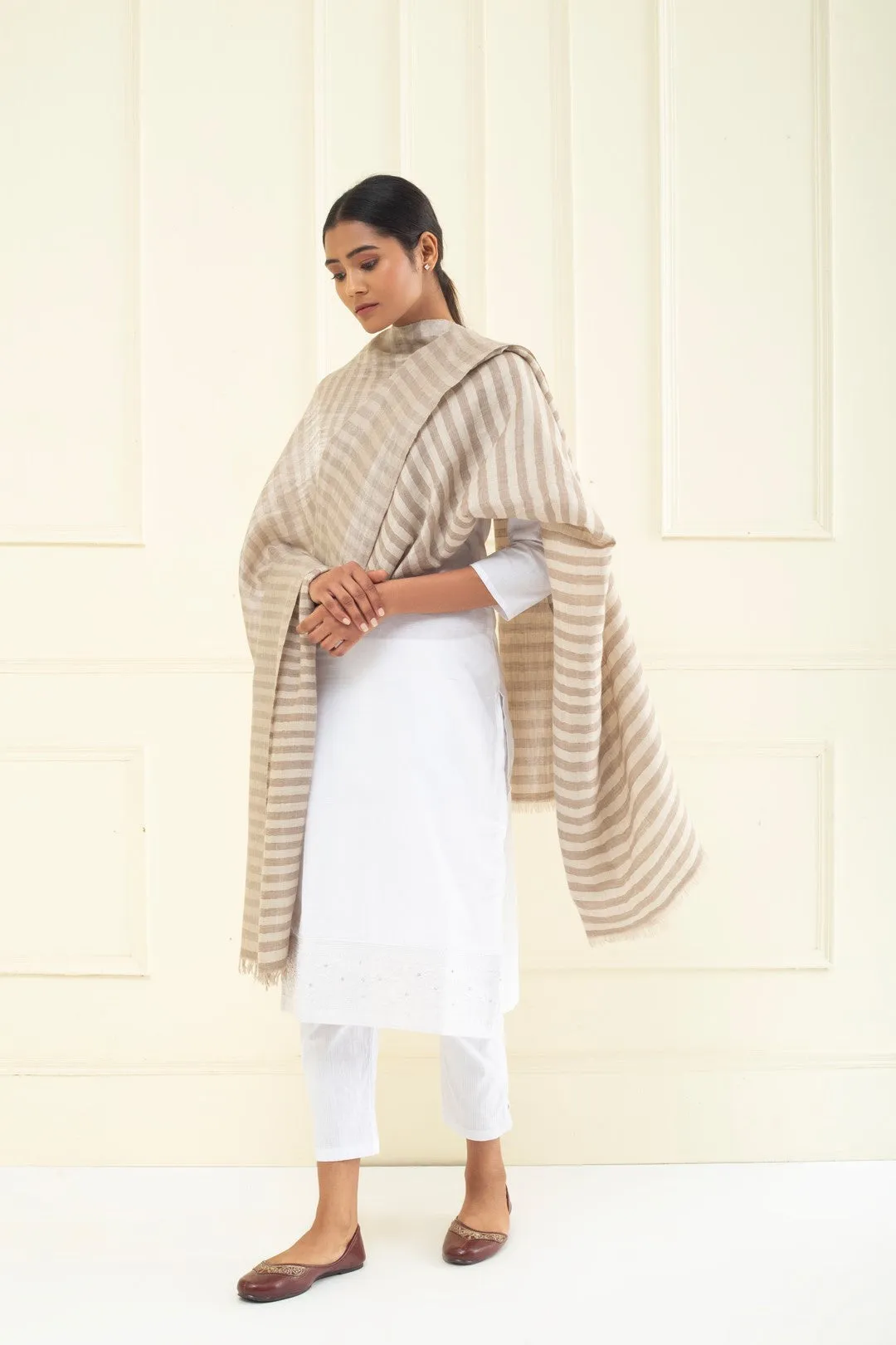Louisette Taos Taupe Strips Ikat Reversible Zari Cashmere Shawl