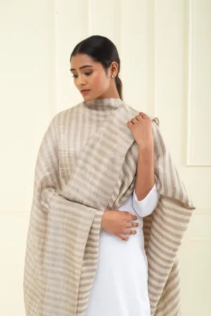 Louisette Taos Taupe Strips Ikat Reversible Zari Cashmere Shawl