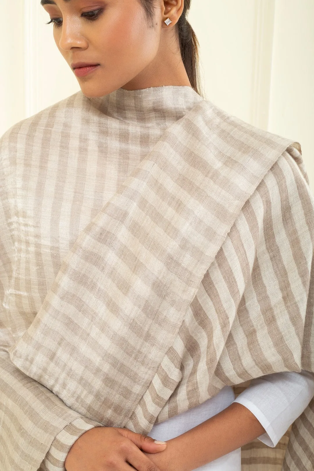 Louisette Taos Taupe Strips Ikat Reversible Zari Cashmere Shawl