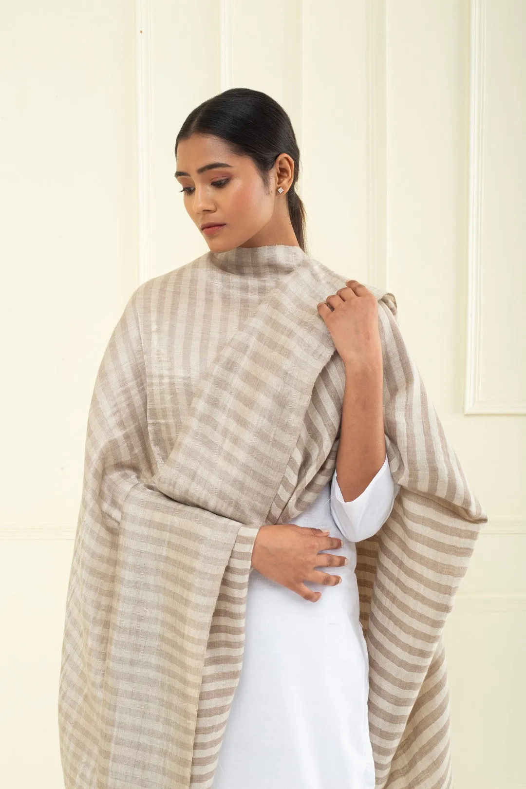 Louisette Taos Taupe Strips Ikat Reversible Zari Cashmere Shawl