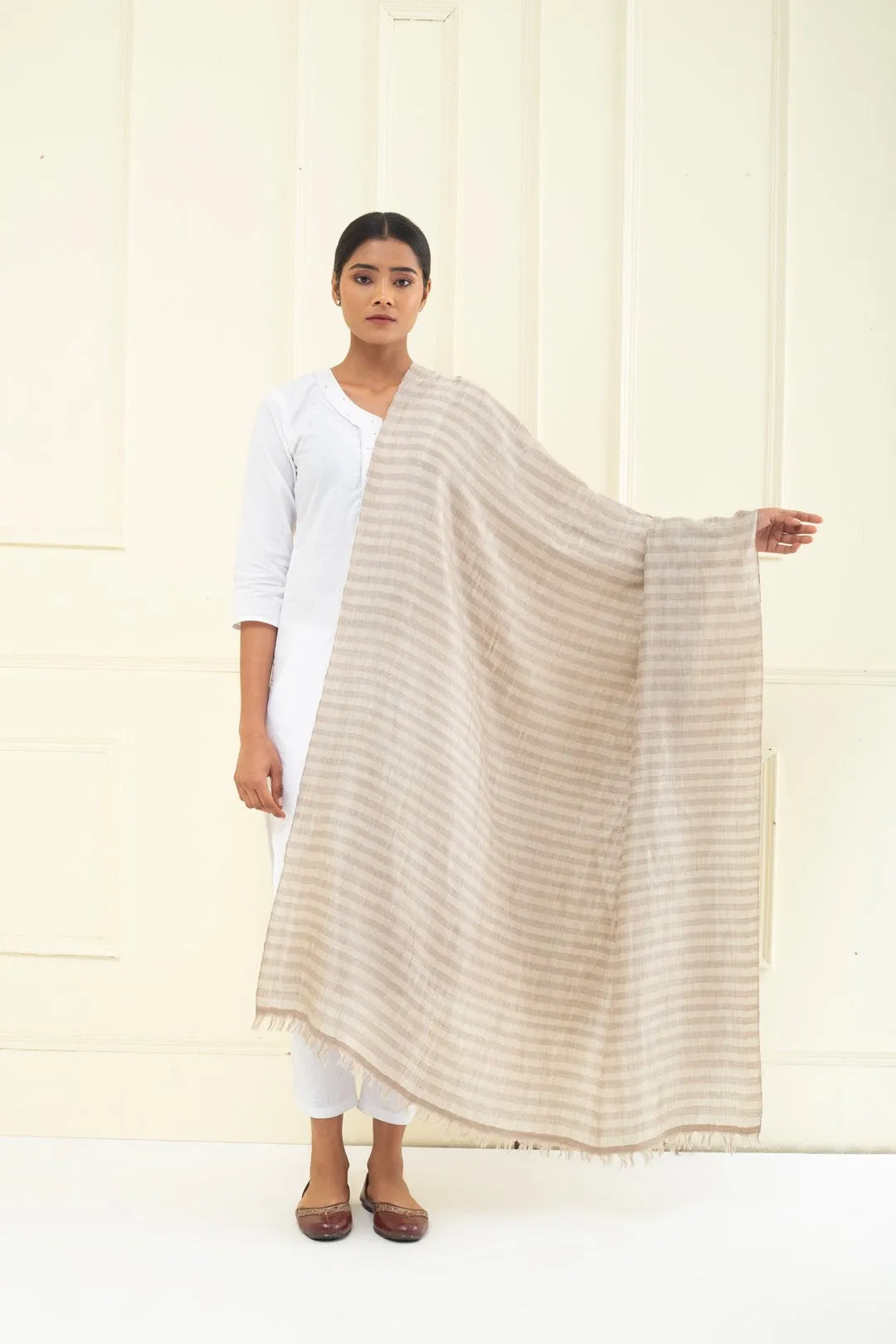 Louisette Taos Taupe Strips Ikat Reversible Zari Cashmere Shawl