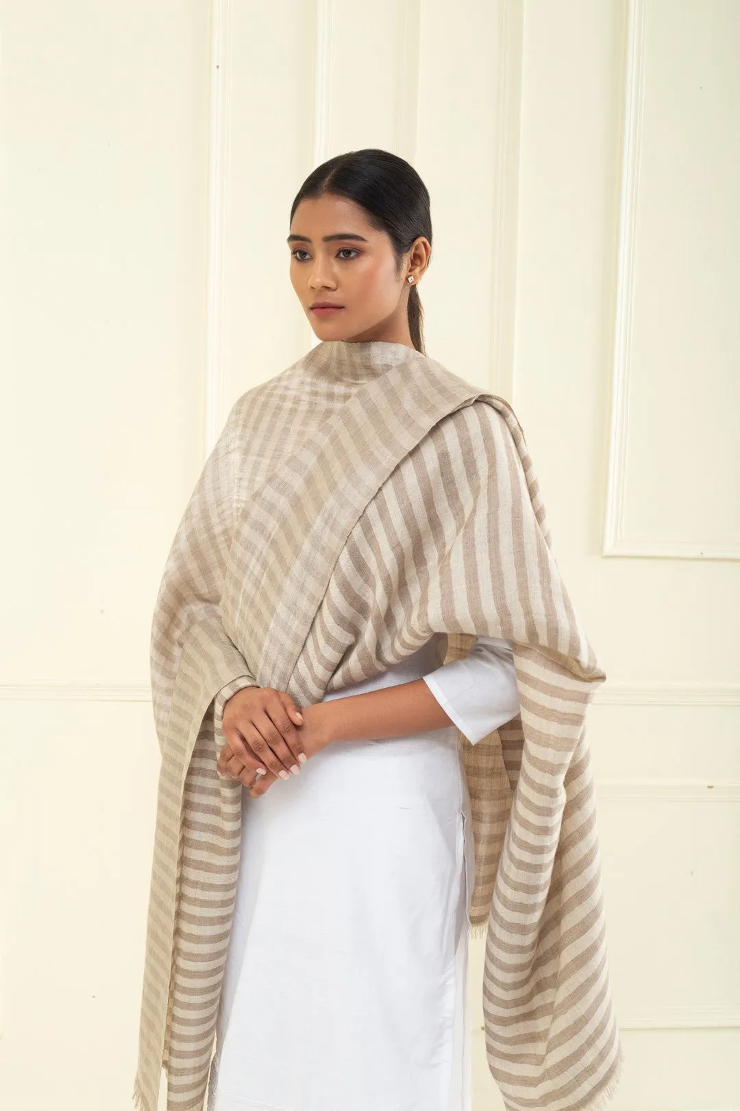 Louisette Taos Taupe Strips Ikat Reversible Zari Cashmere Shawl