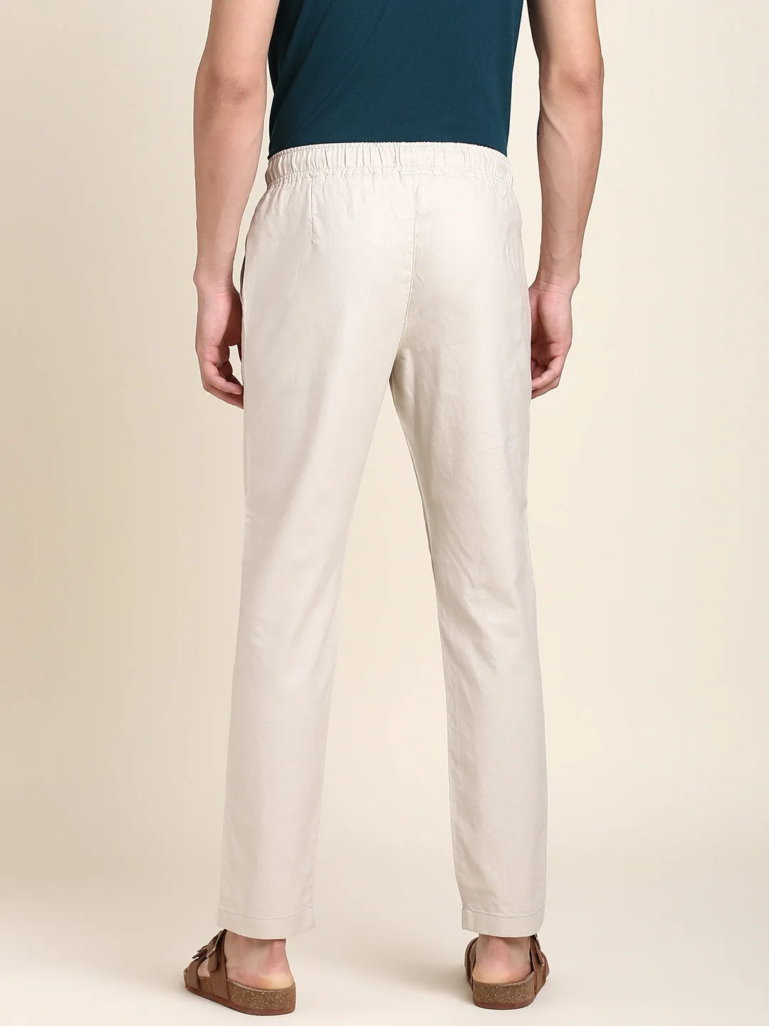 Men's Beige Solid Linen Trouser