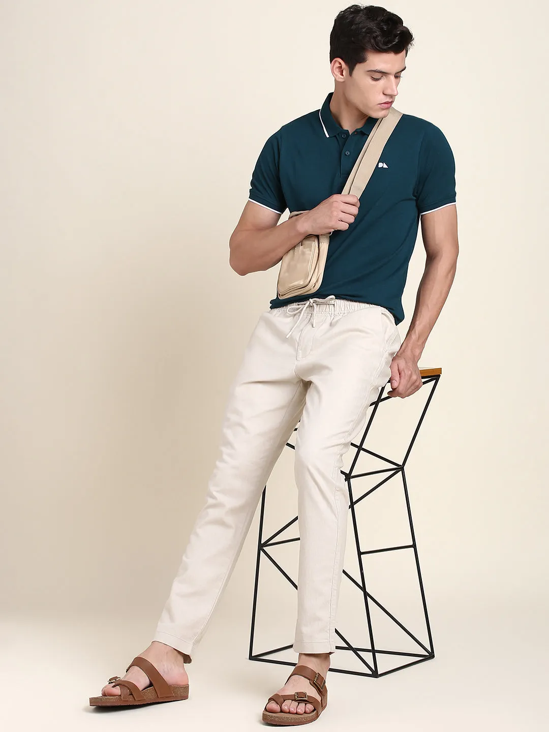 Men's Beige Solid Linen Trouser