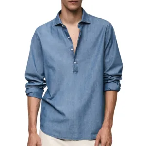 Men's Casual Denim Blue Lapel Long Sleeve POLO Shirt 00789014F
