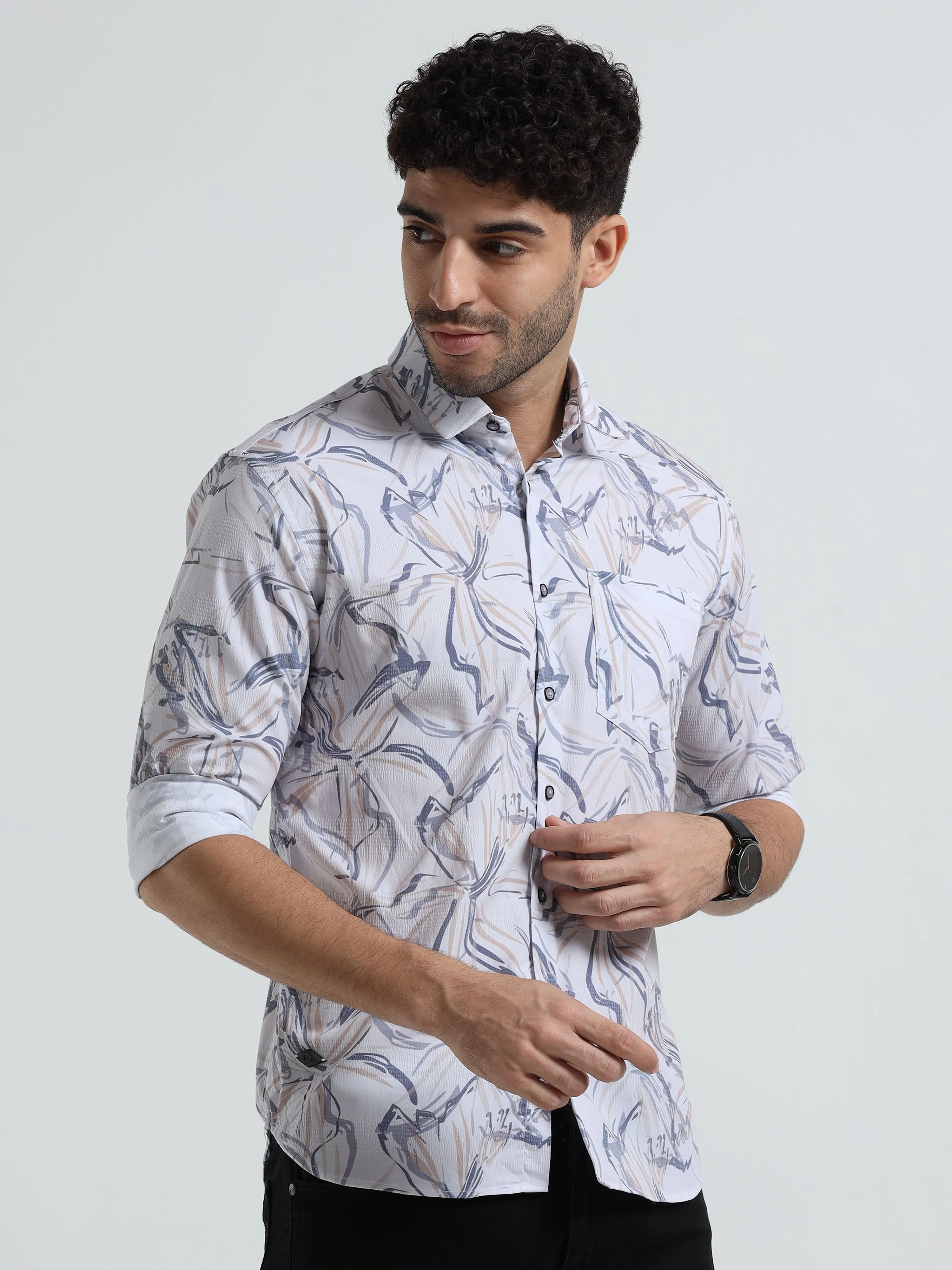 Men's Cream Light Orange Slim Fit Printed Popcorn Full Sleeve Casual Shirt