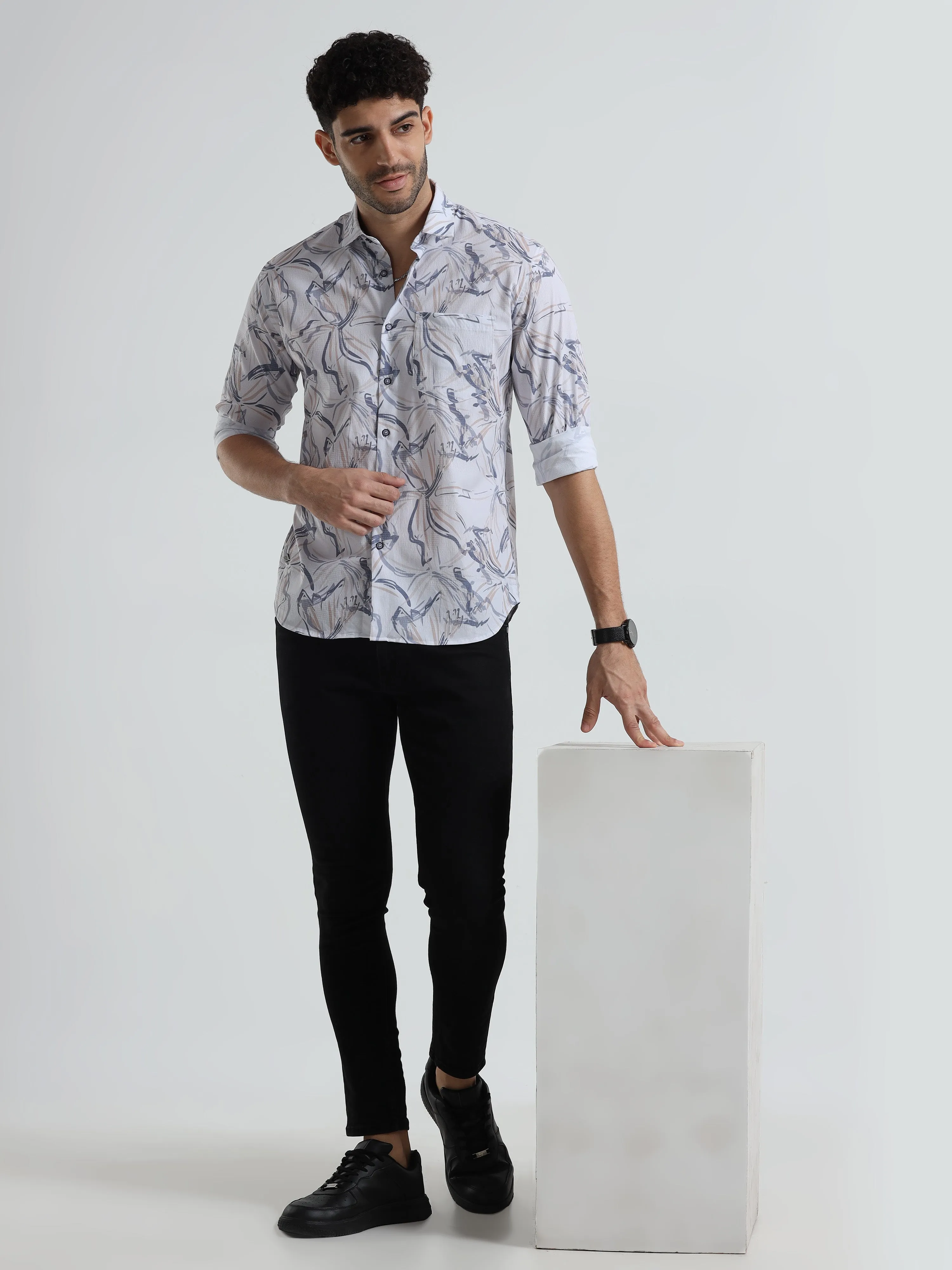 Men's Cream Light Orange Slim Fit Printed Popcorn Full Sleeve Casual Shirt