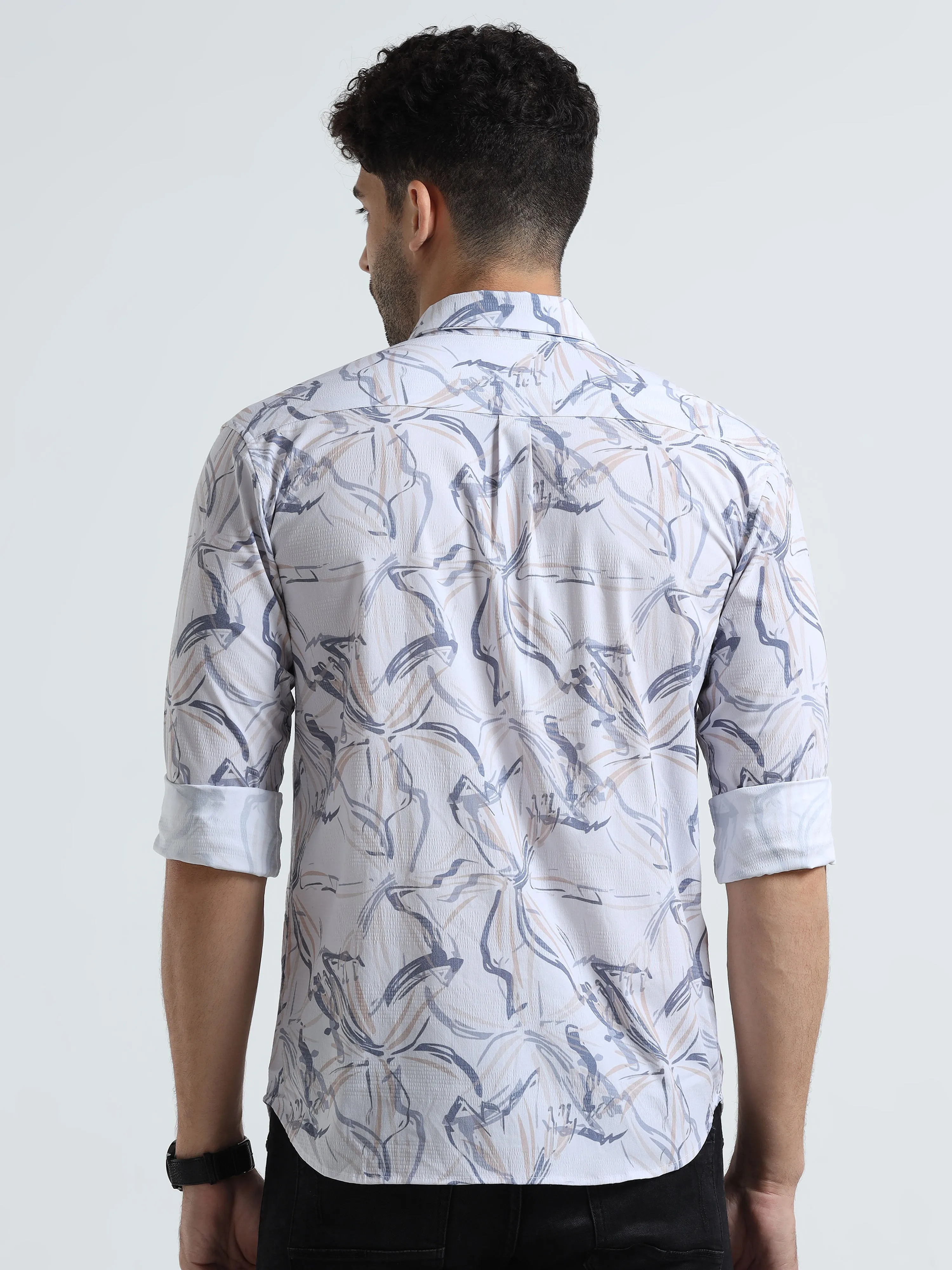 Men's Cream Light Orange Slim Fit Printed Popcorn Full Sleeve Casual Shirt