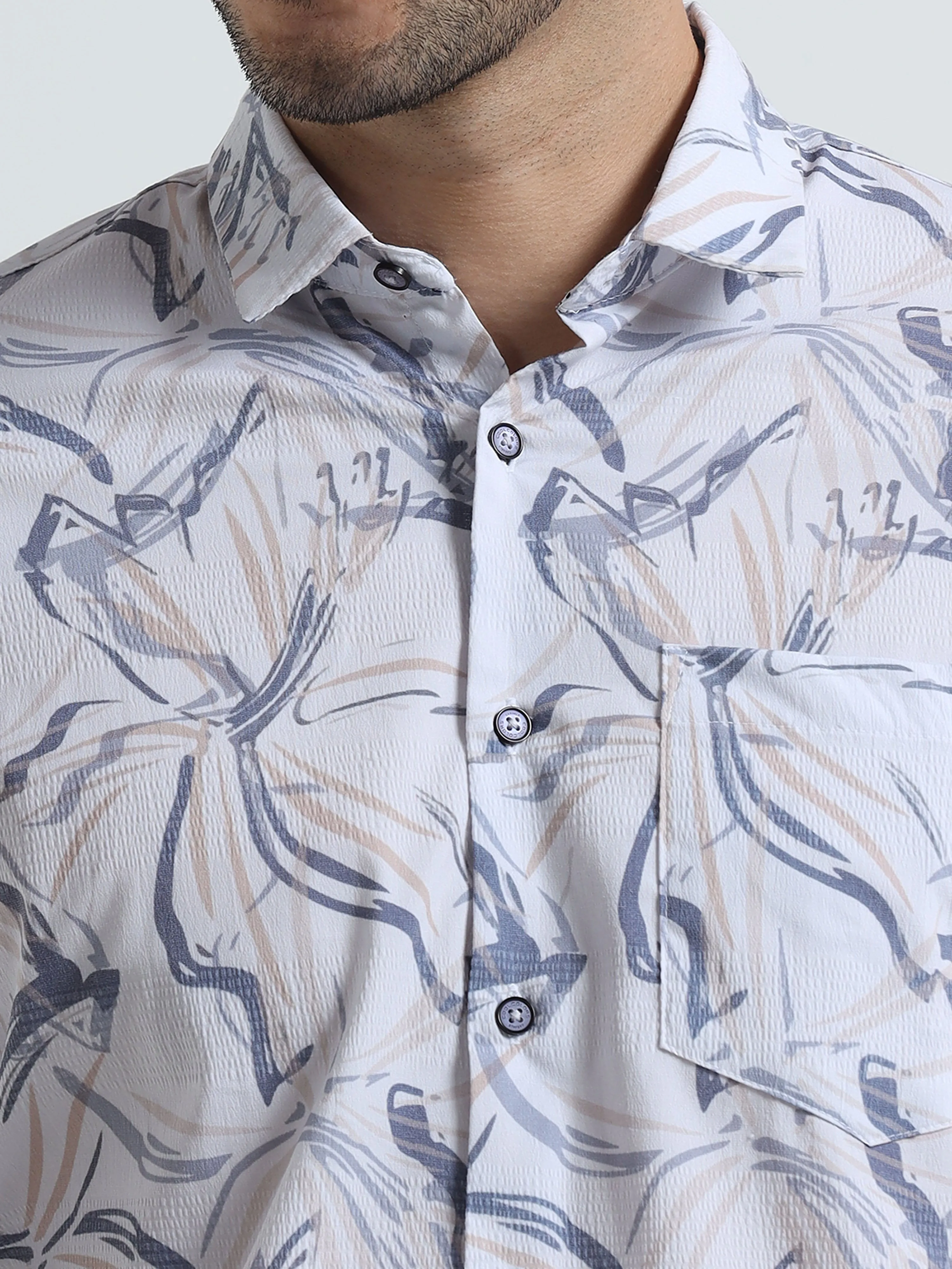 Men's Cream Light Orange Slim Fit Printed Popcorn Full Sleeve Casual Shirt