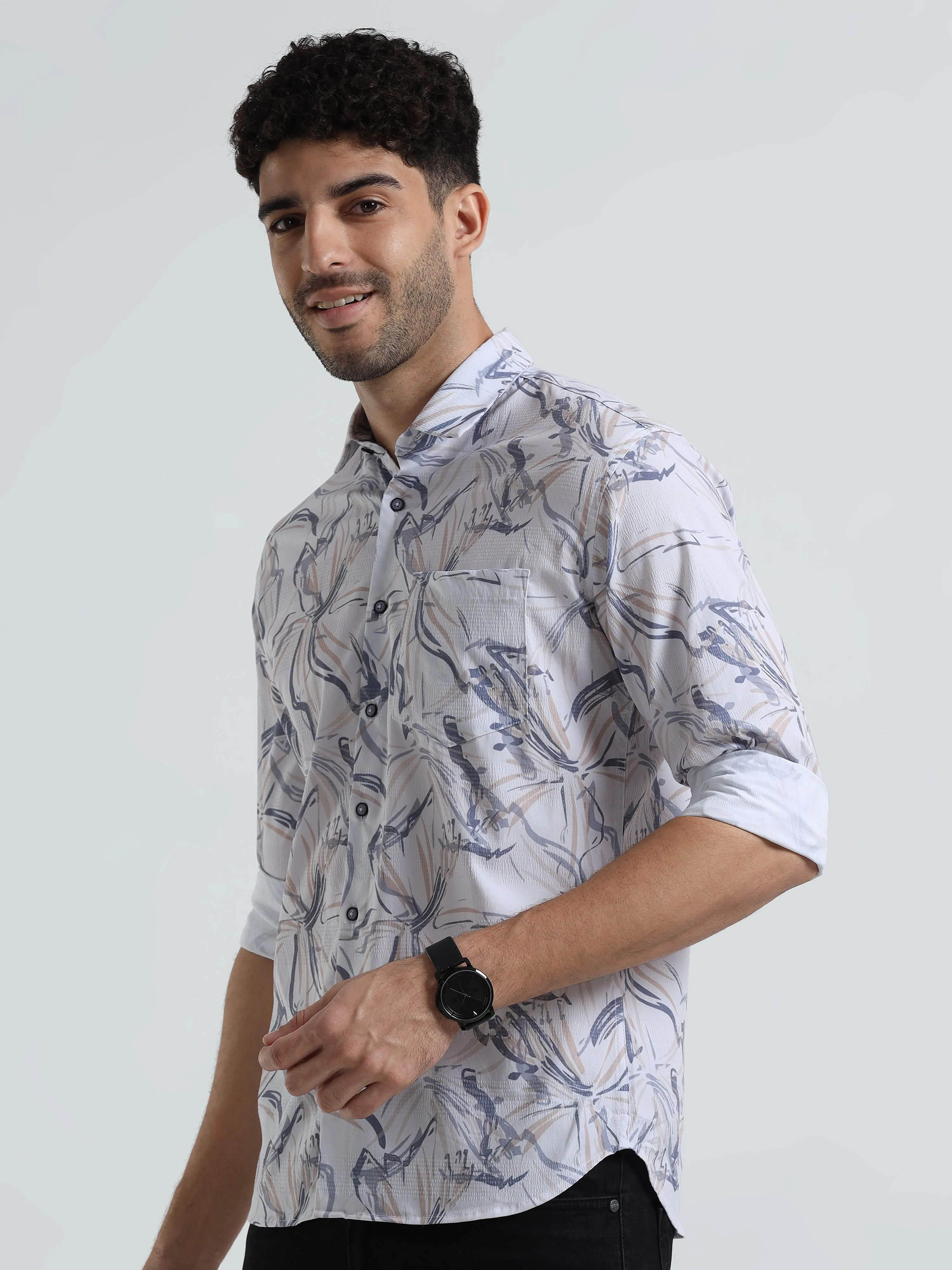 Men's Cream Light Orange Slim Fit Printed Popcorn Full Sleeve Casual Shirt