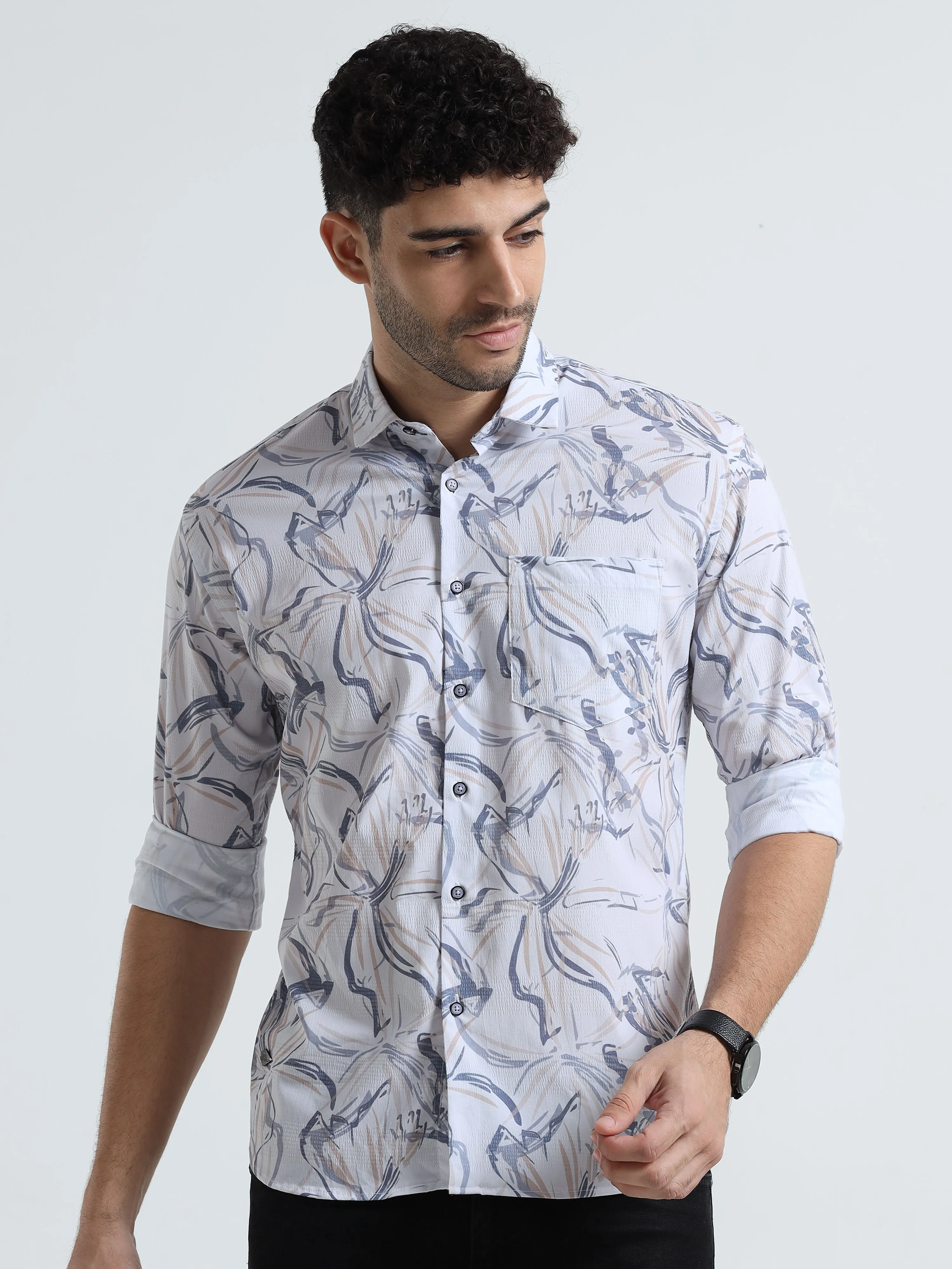 Men's Cream Light Orange Slim Fit Printed Popcorn Full Sleeve Casual Shirt