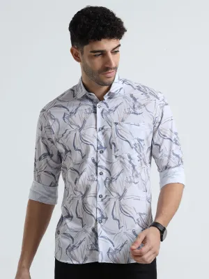Men's Cream Light Orange Slim Fit Printed Popcorn Full Sleeve Casual Shirt