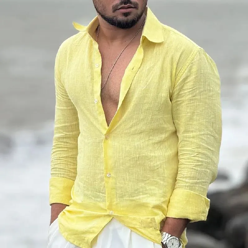 Men's Fashion Cotton and linen Lapel Long-Sleeved Shirt 10717928Y