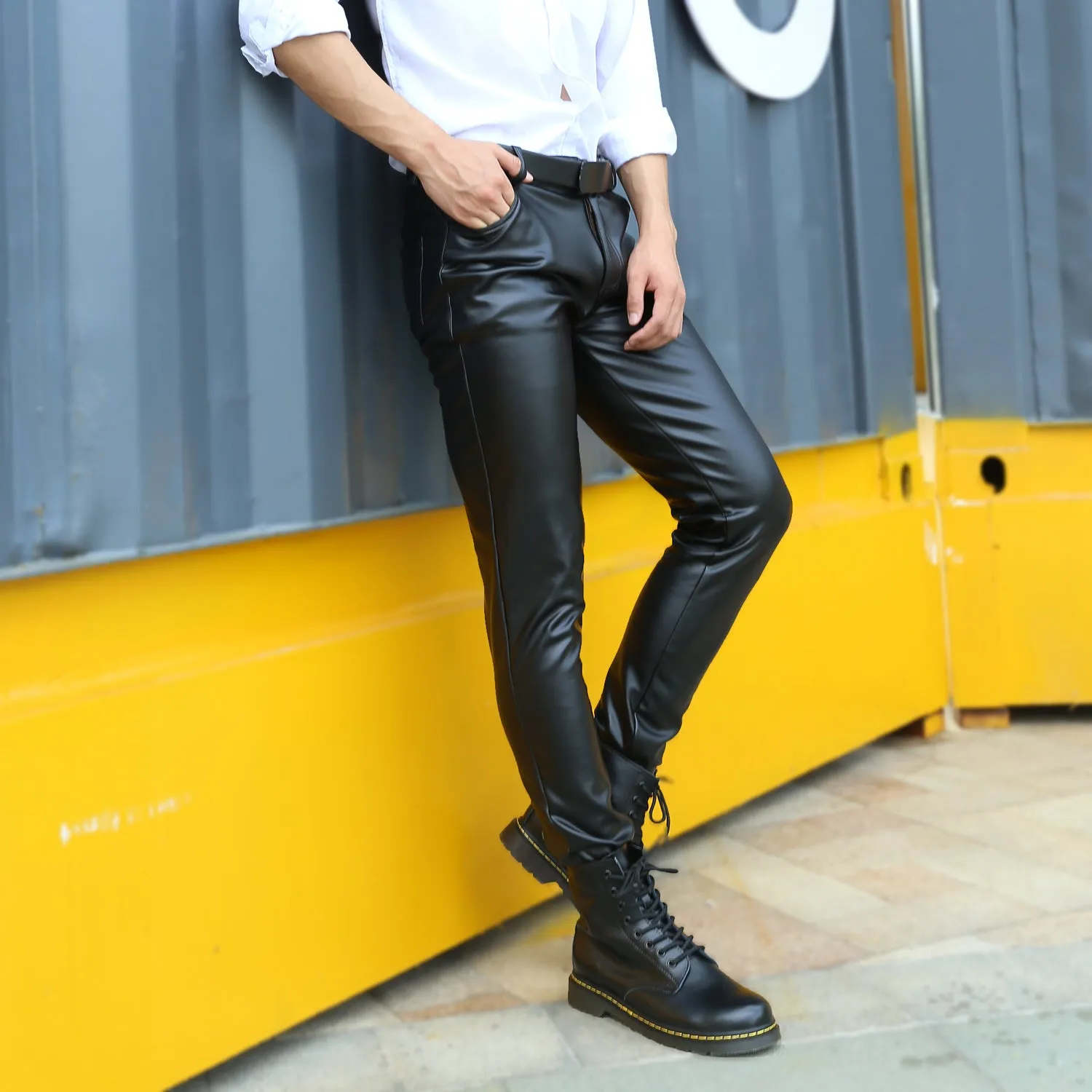 Mens Leather Pants Fall Slim Fit Leather Pants Men's Skinny Pants Tight Elastic Trend Motorcycle Leather Pants Leather Pants