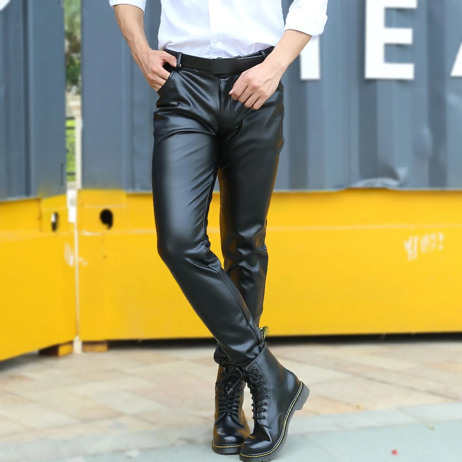 Mens Leather Pants Fall Slim Fit Leather Pants Men's Skinny Pants Tight Elastic Trend Motorcycle Leather Pants Leather Pants