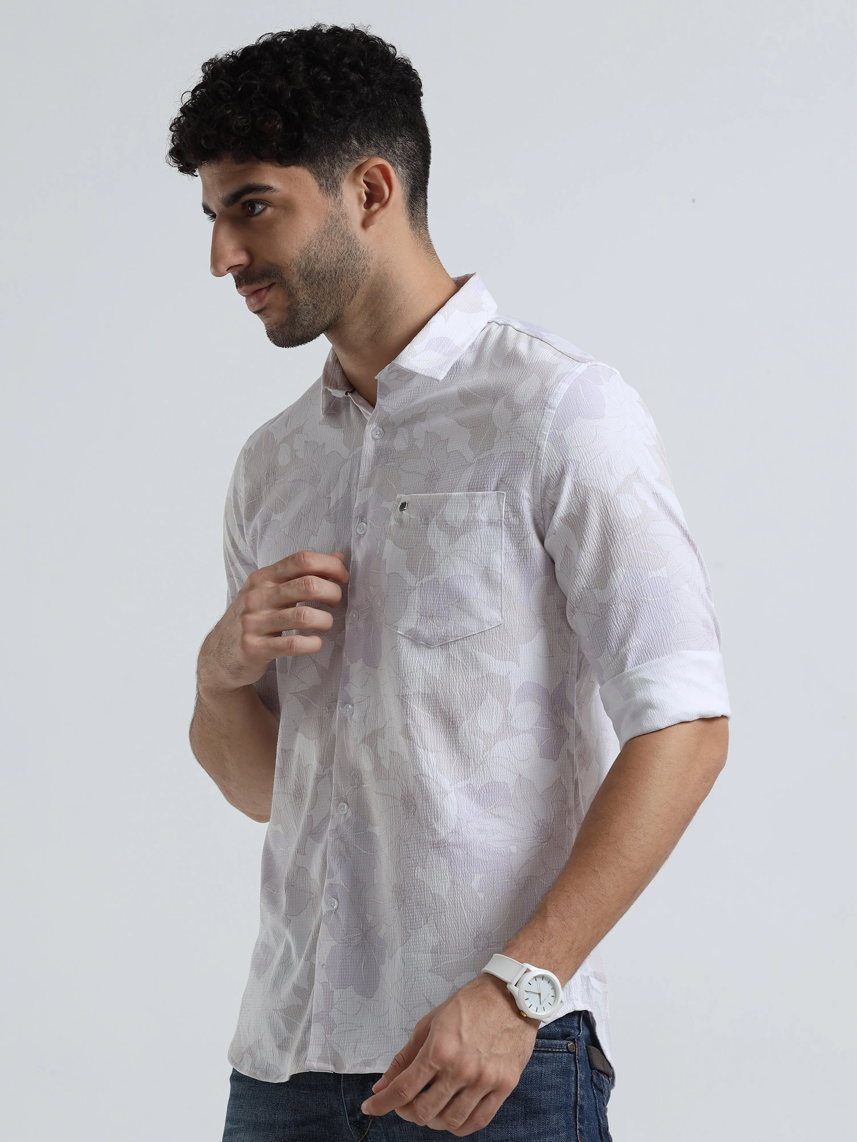 Men's Light Cream Slim Fit Printed Popcorn Full Sleeve Casual Shirt
