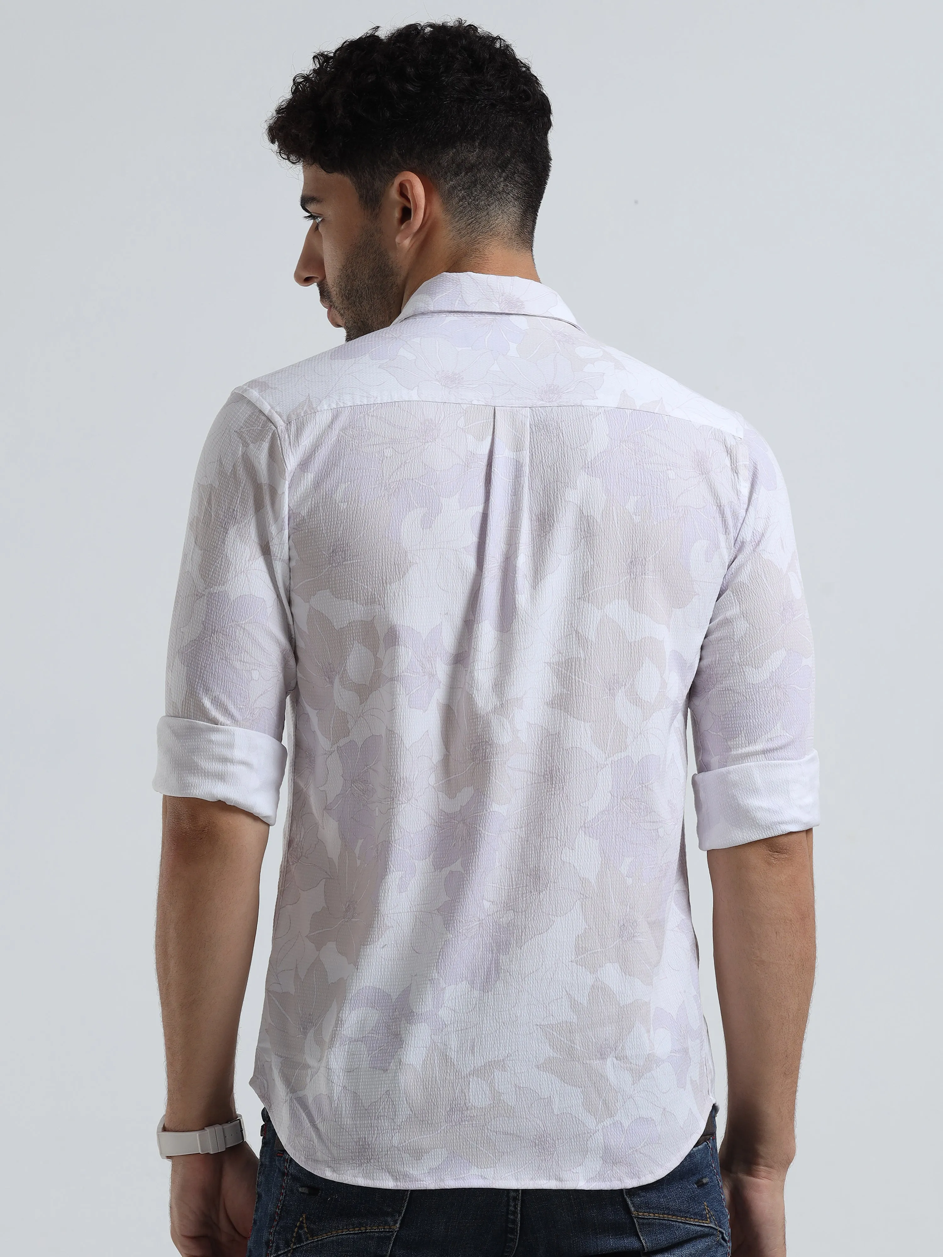 Men's Light Cream Slim Fit Printed Popcorn Full Sleeve Casual Shirt