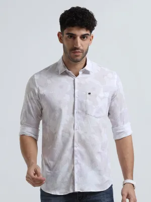 Men's Light Cream Slim Fit Printed Popcorn Full Sleeve Casual Shirt