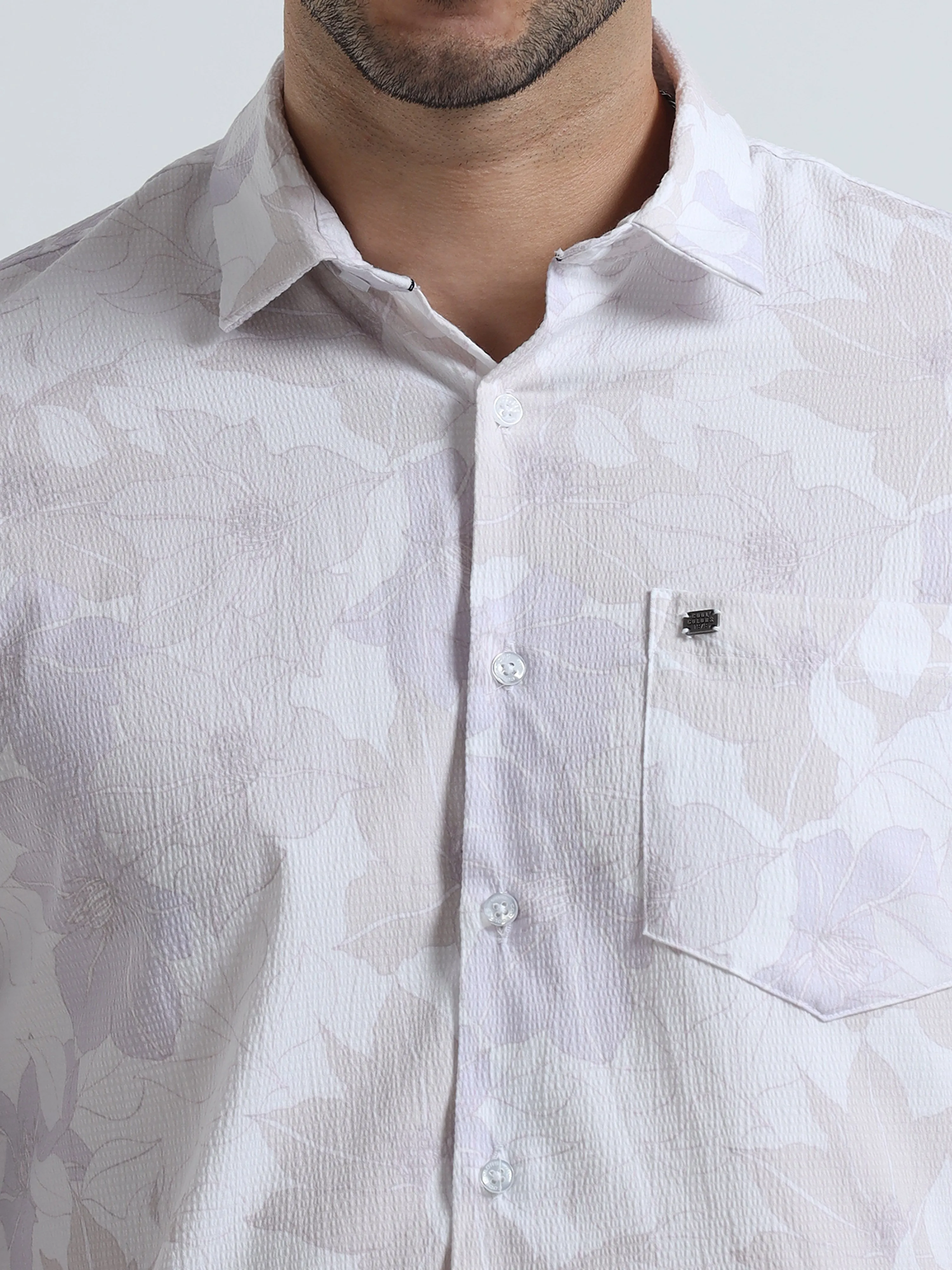 Men's Light Cream Slim Fit Printed Popcorn Full Sleeve Casual Shirt