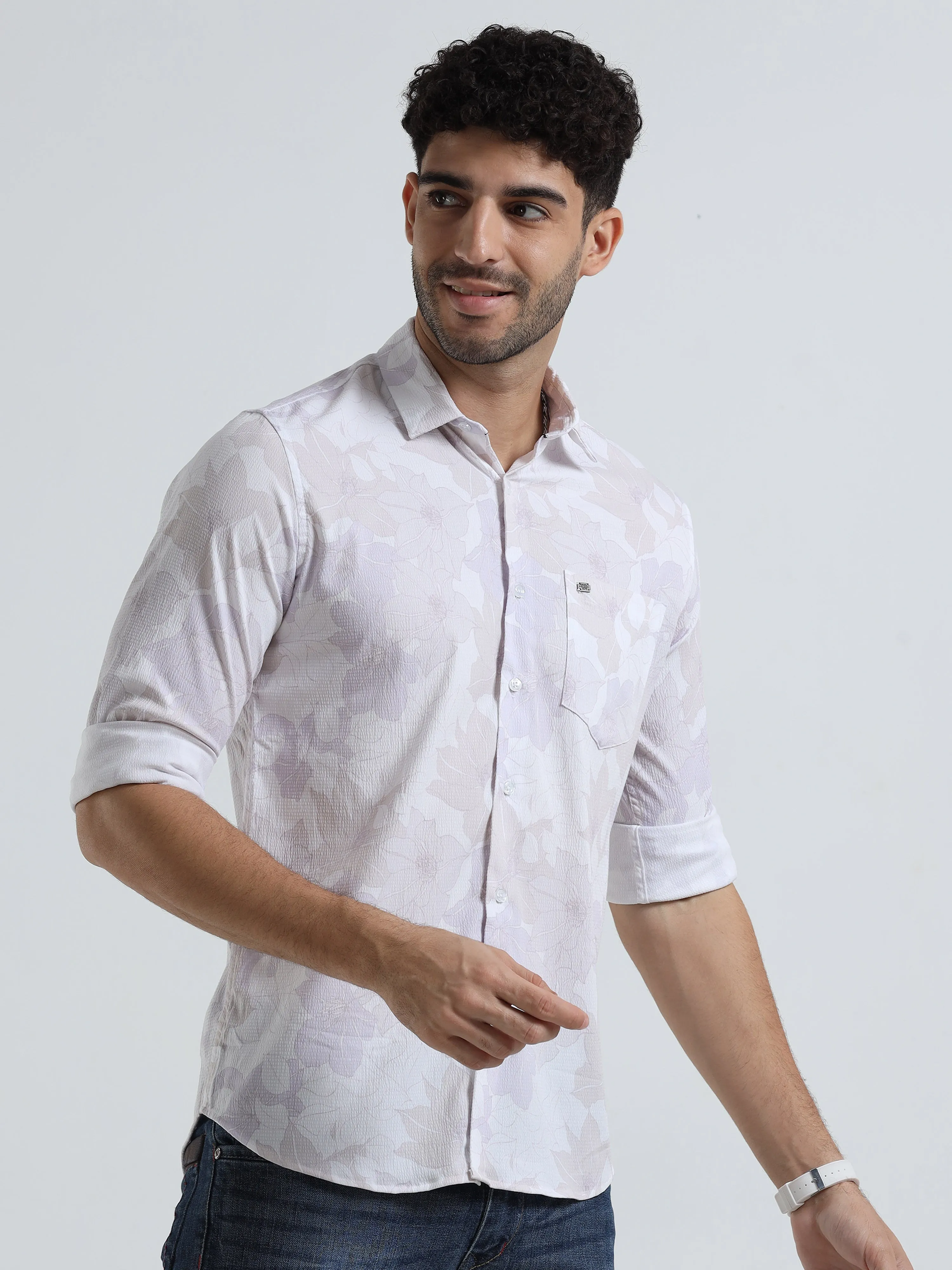 Men's Light Cream Slim Fit Printed Popcorn Full Sleeve Casual Shirt