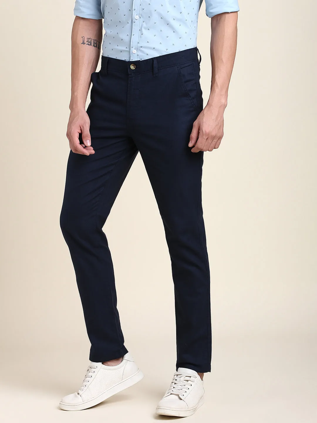 Men's Navy Solid Linen Trouser