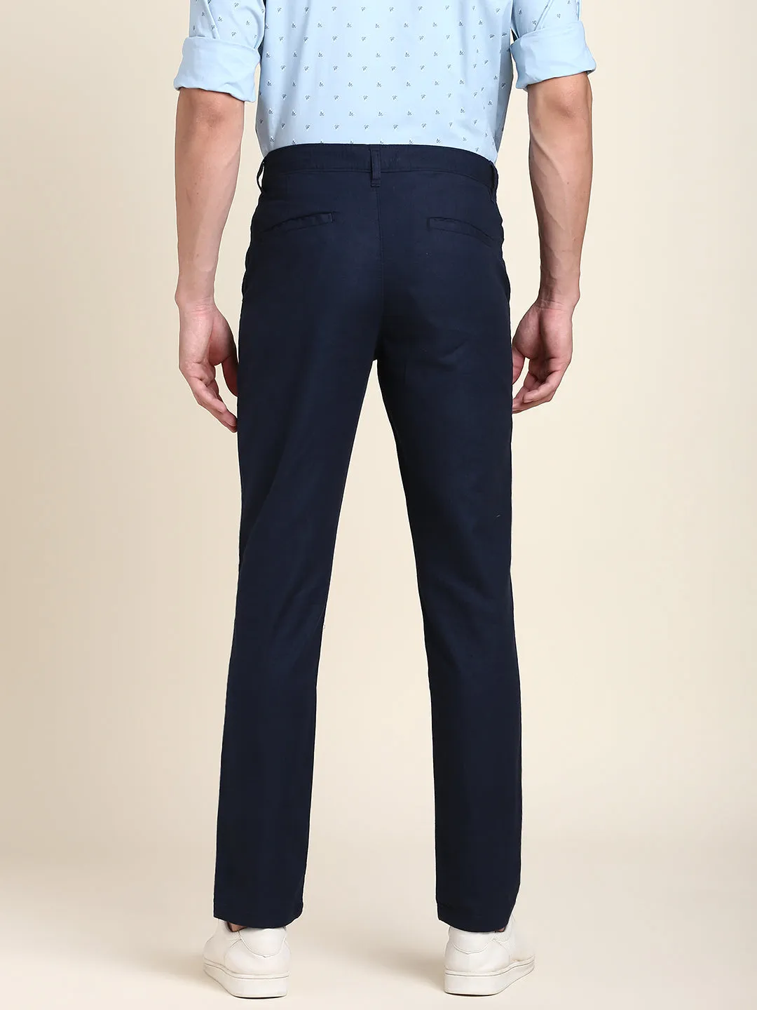 Men's Navy Solid Linen Trouser