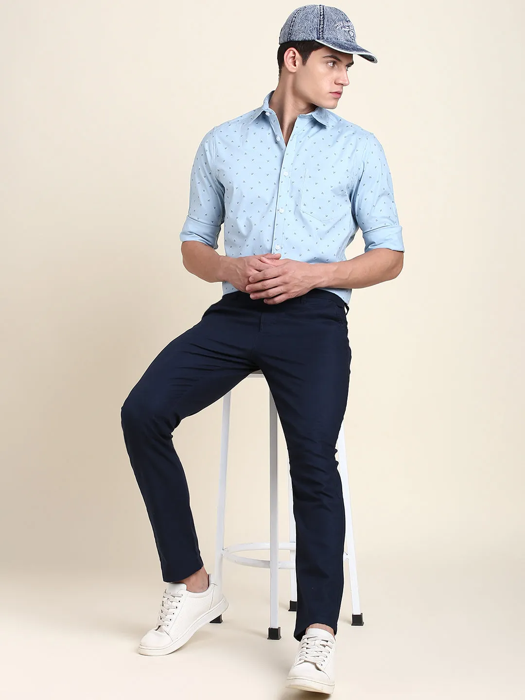 Men's Navy Solid Linen Trouser