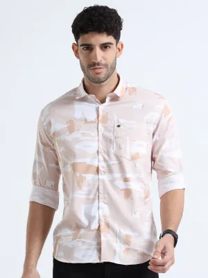 Men's Orange Slim Fit Printed Popcorn Full Sleeve Casual Shirt