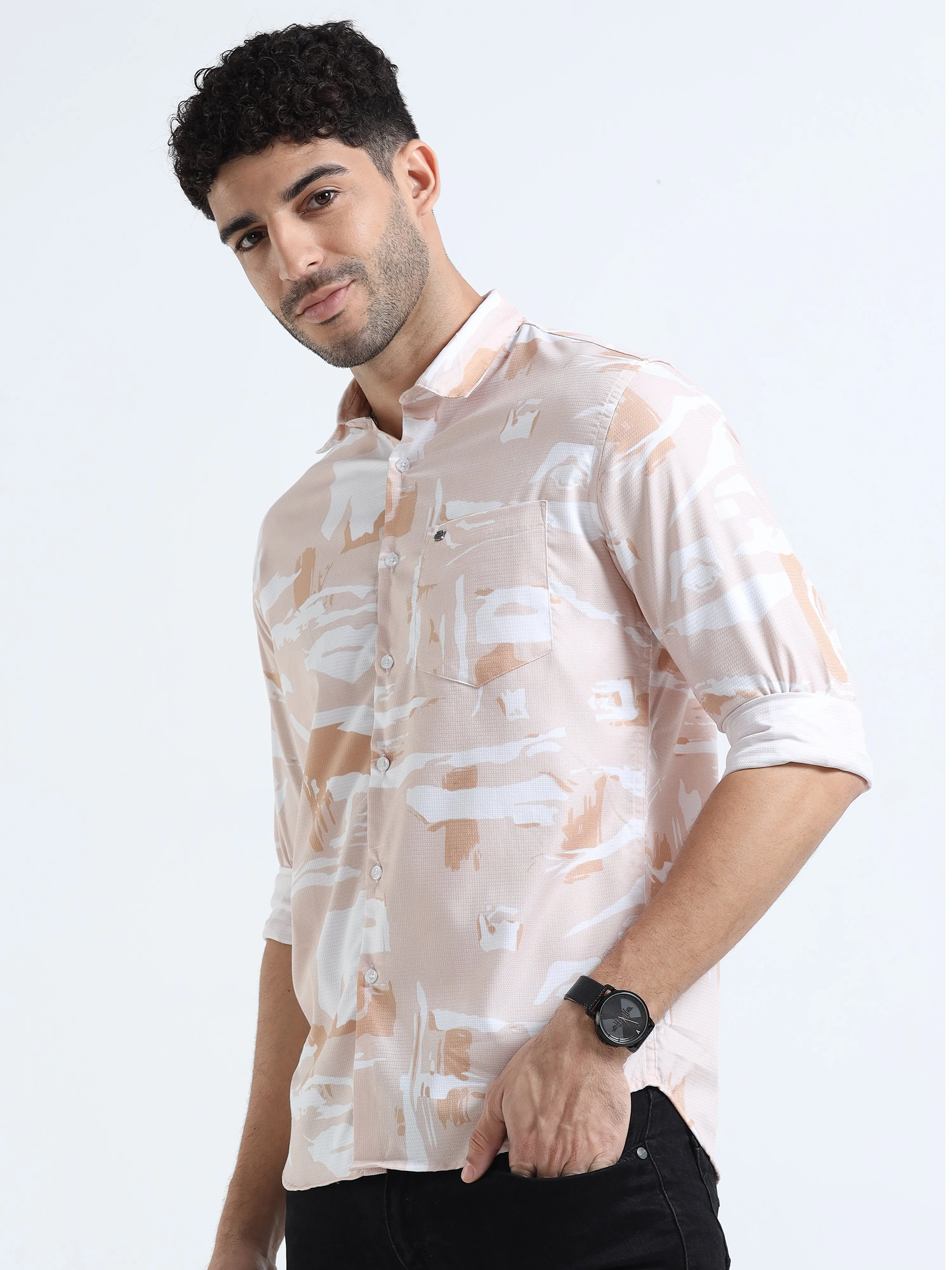 Men's Orange Slim Fit Printed Popcorn Full Sleeve Casual Shirt