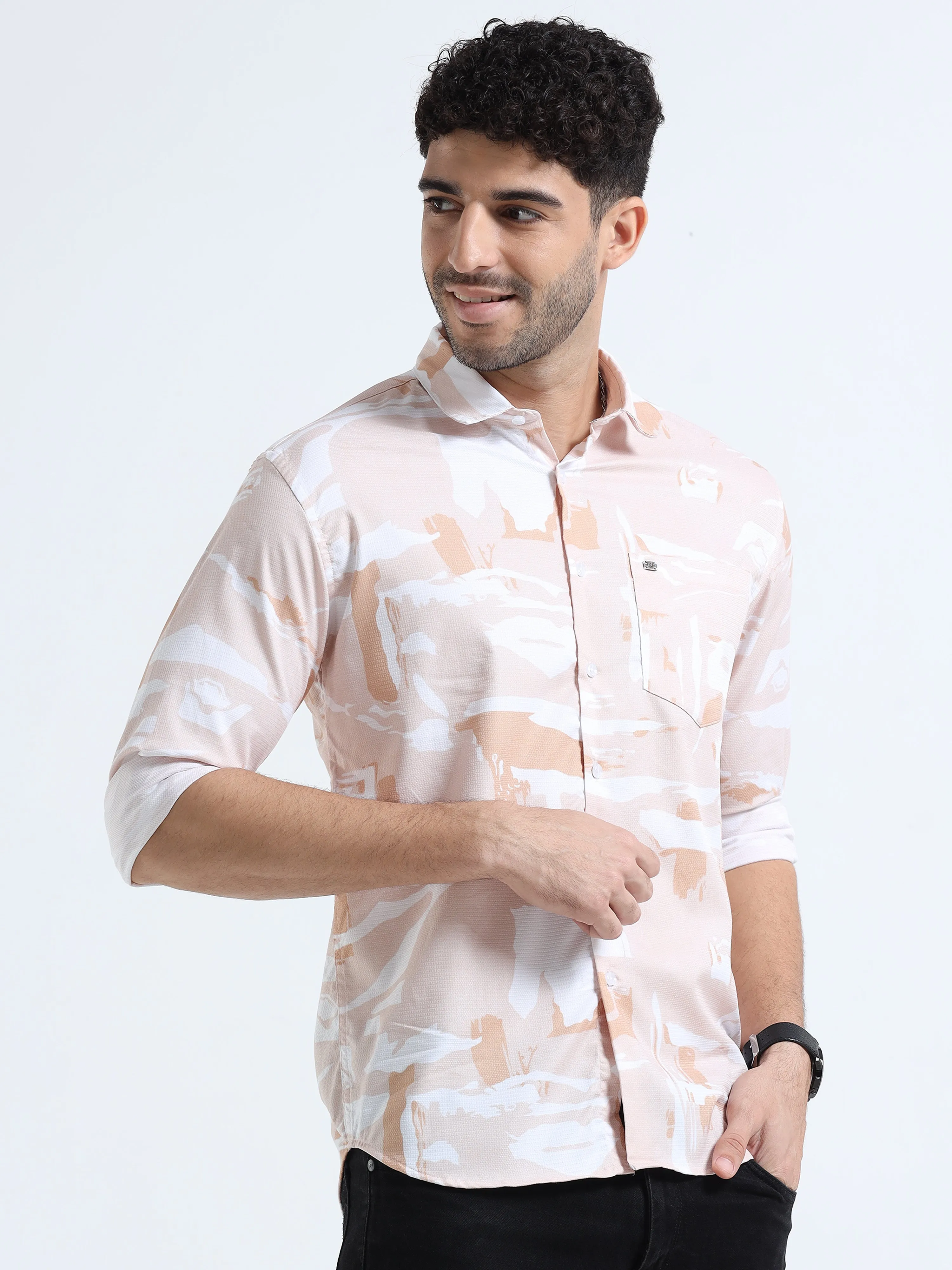 Men's Orange Slim Fit Printed Popcorn Full Sleeve Casual Shirt