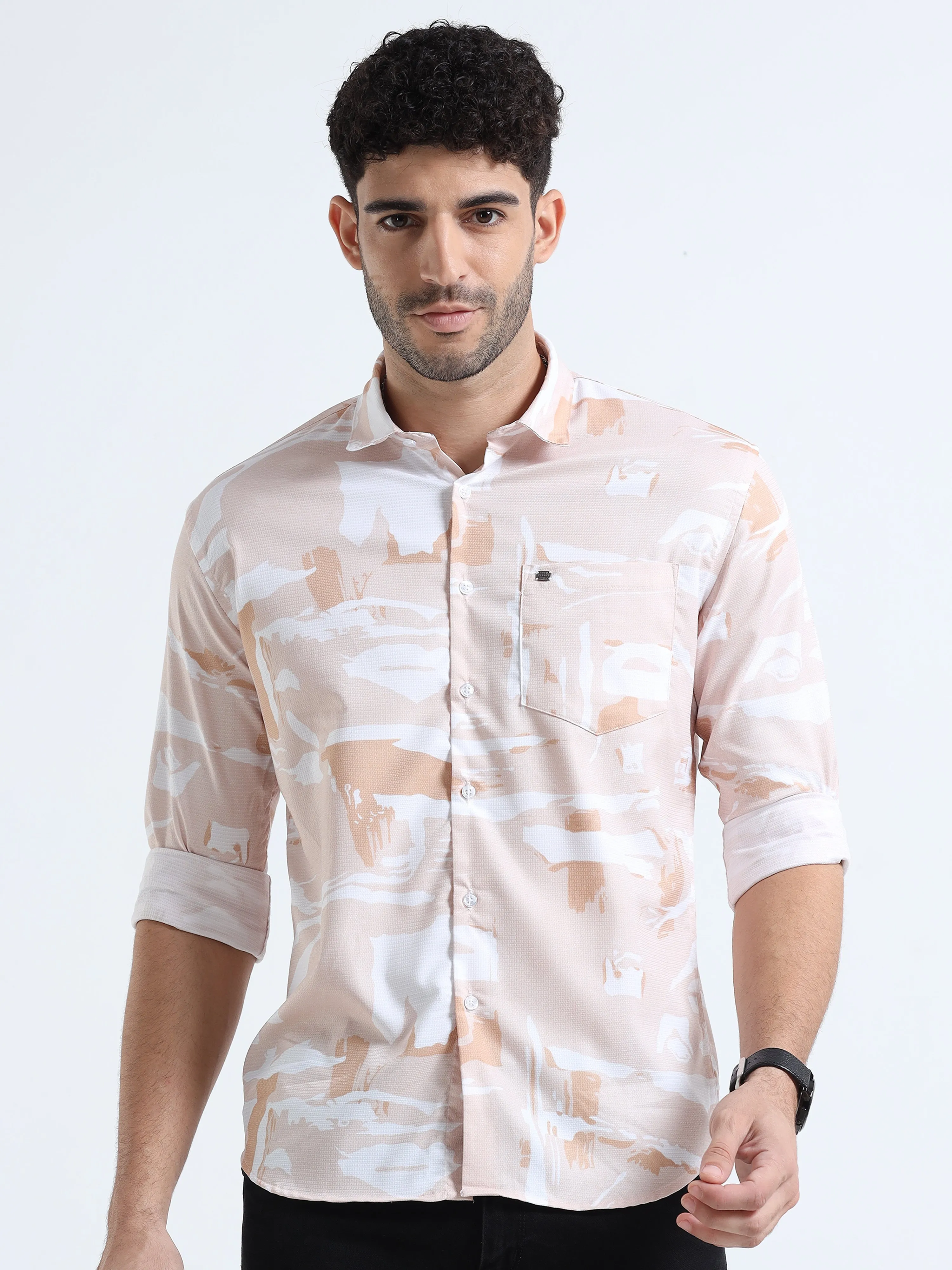 Men's Orange Slim Fit Printed Popcorn Full Sleeve Casual Shirt