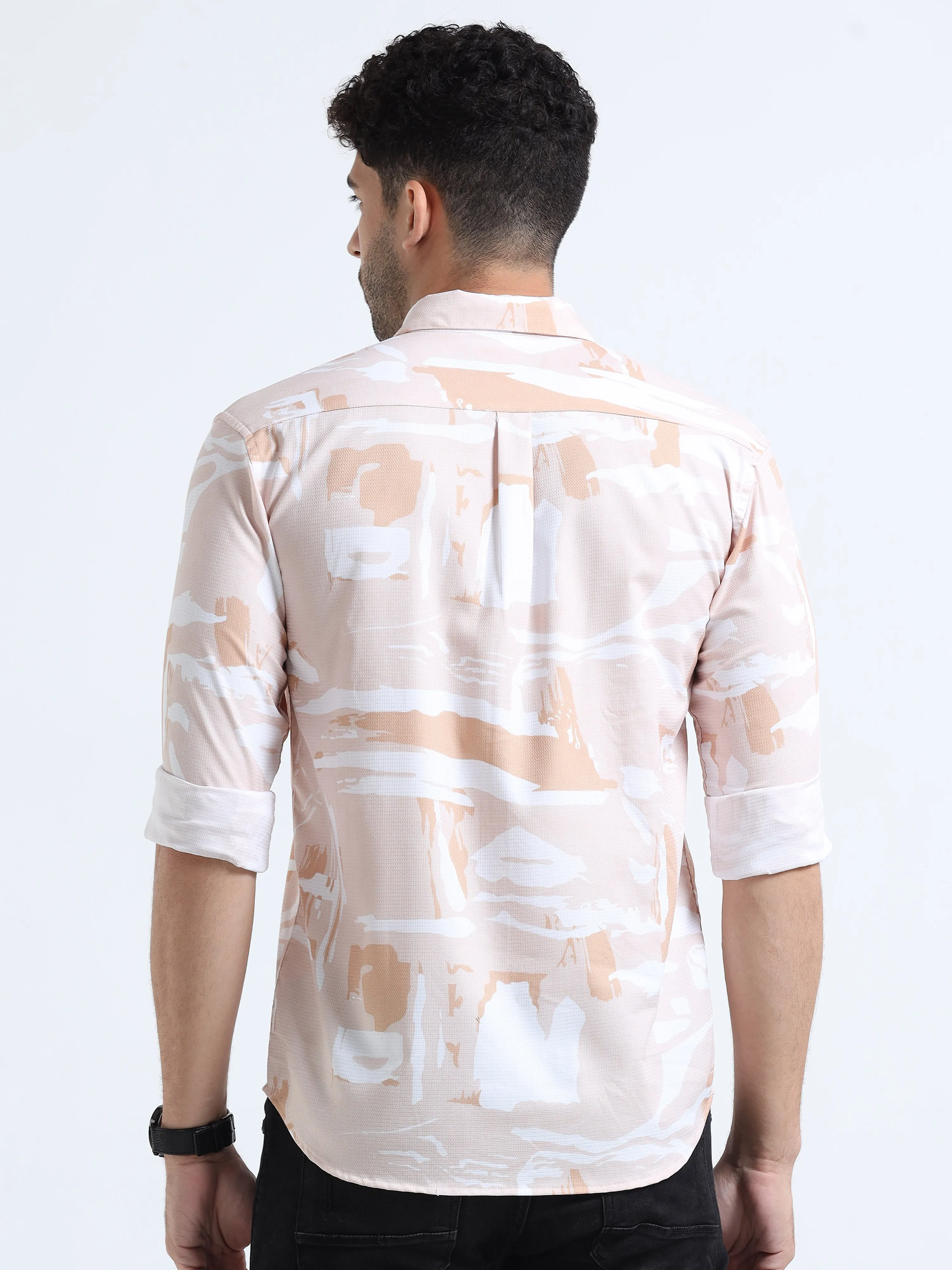 Men's Orange Slim Fit Printed Popcorn Full Sleeve Casual Shirt