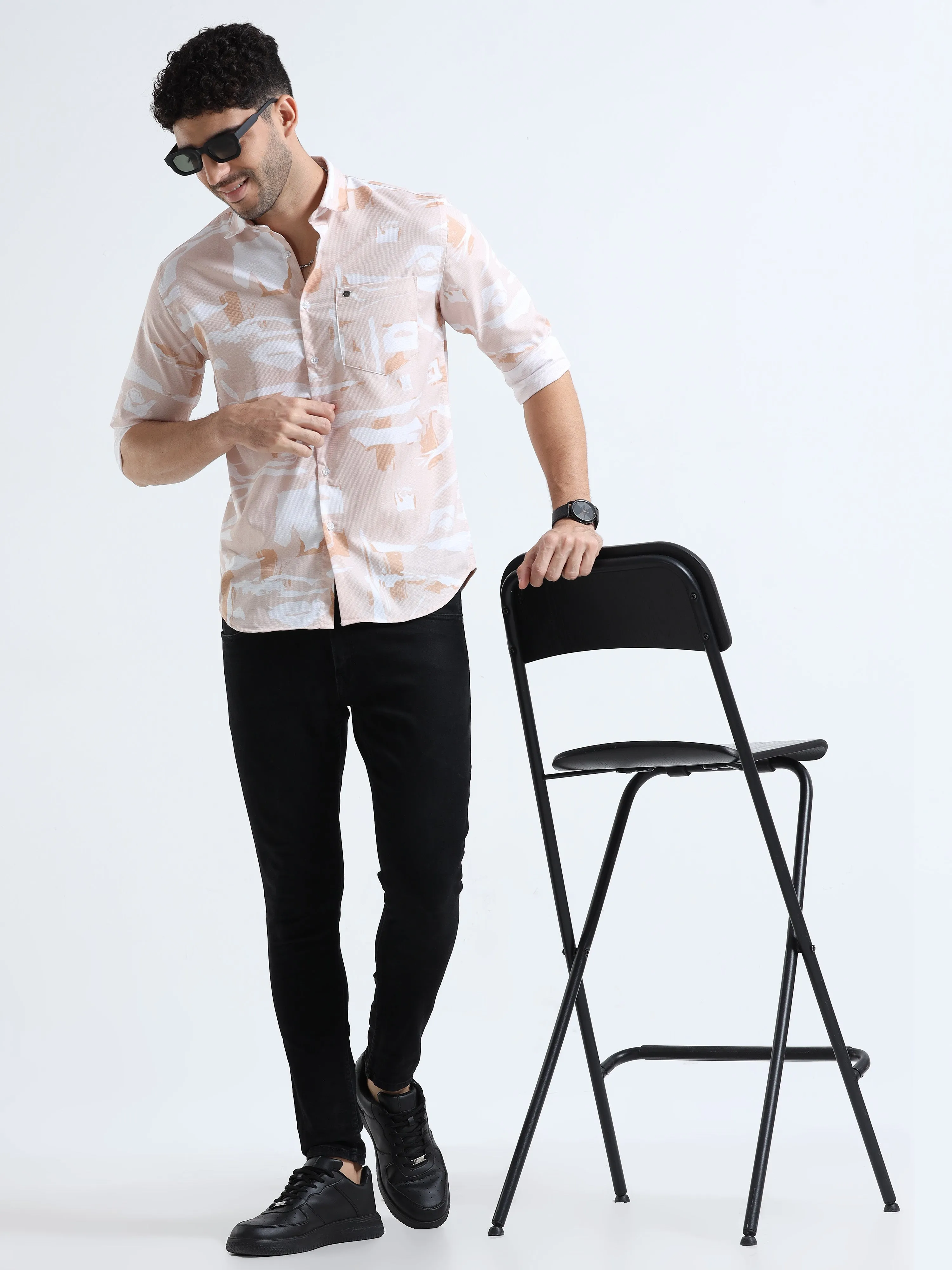 Men's Orange Slim Fit Printed Popcorn Full Sleeve Casual Shirt