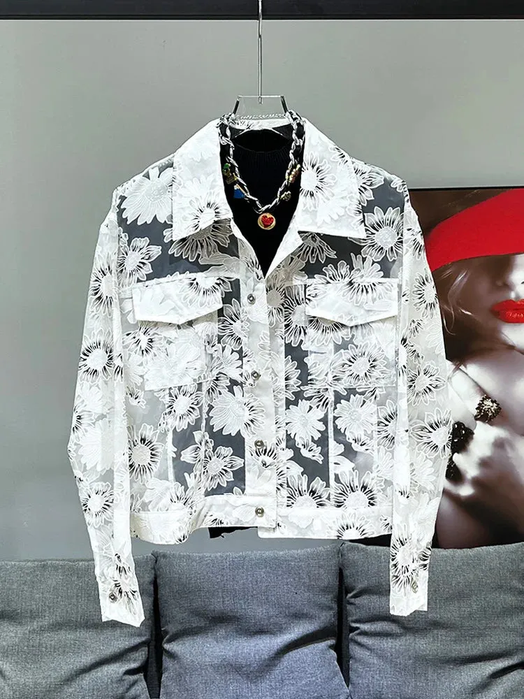 Men's Stylish White Sunflower See-Through Jacket
