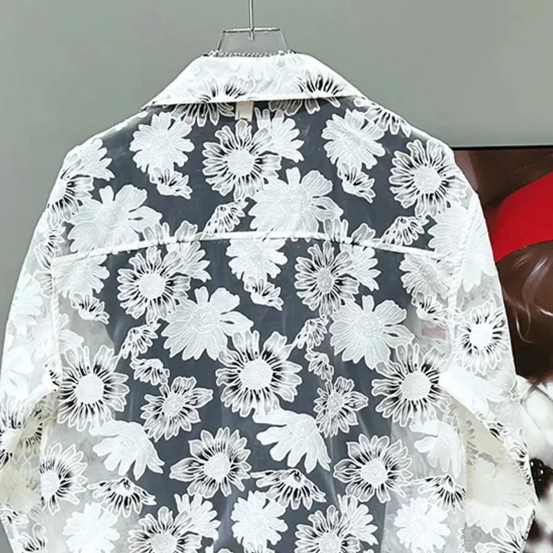 Men's Stylish White Sunflower See-Through Jacket
