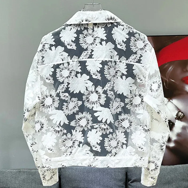Men's Stylish White Sunflower See-Through Jacket