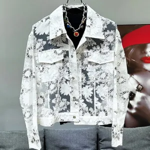 Men's Stylish White Sunflower See-Through Jacket