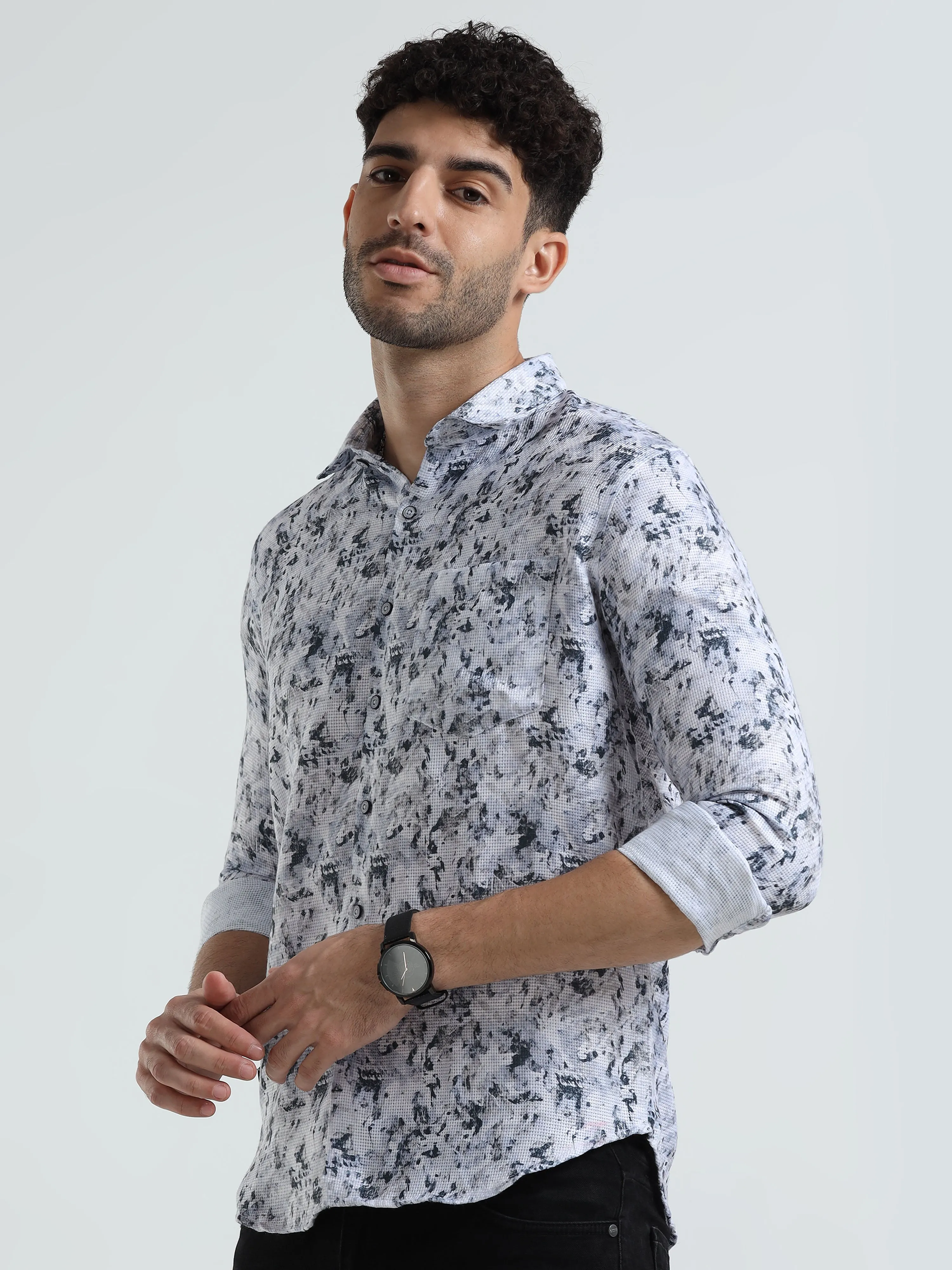 Men's White Green Slim Fit Printed Full Sleeve Casual Shirt