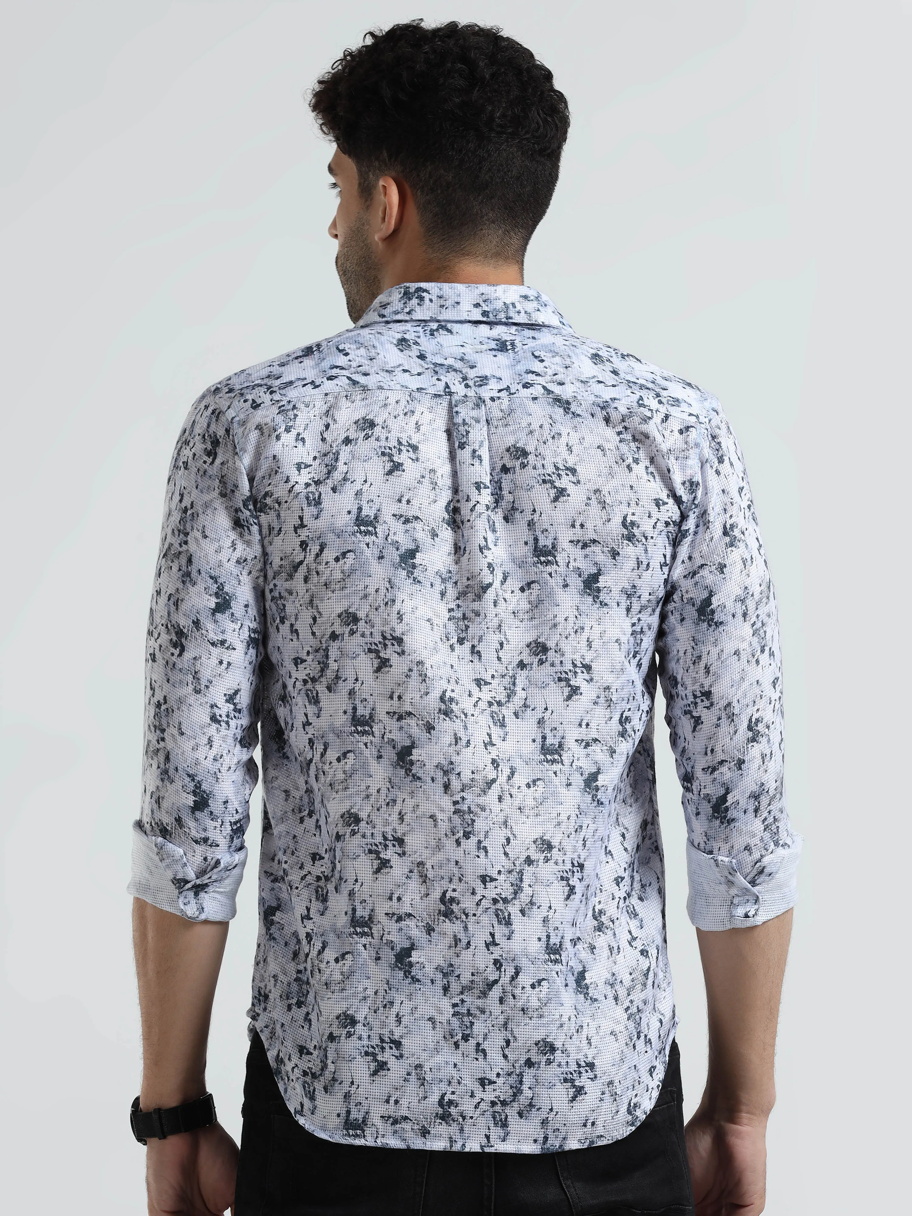 Men's White Green Slim Fit Printed Full Sleeve Casual Shirt