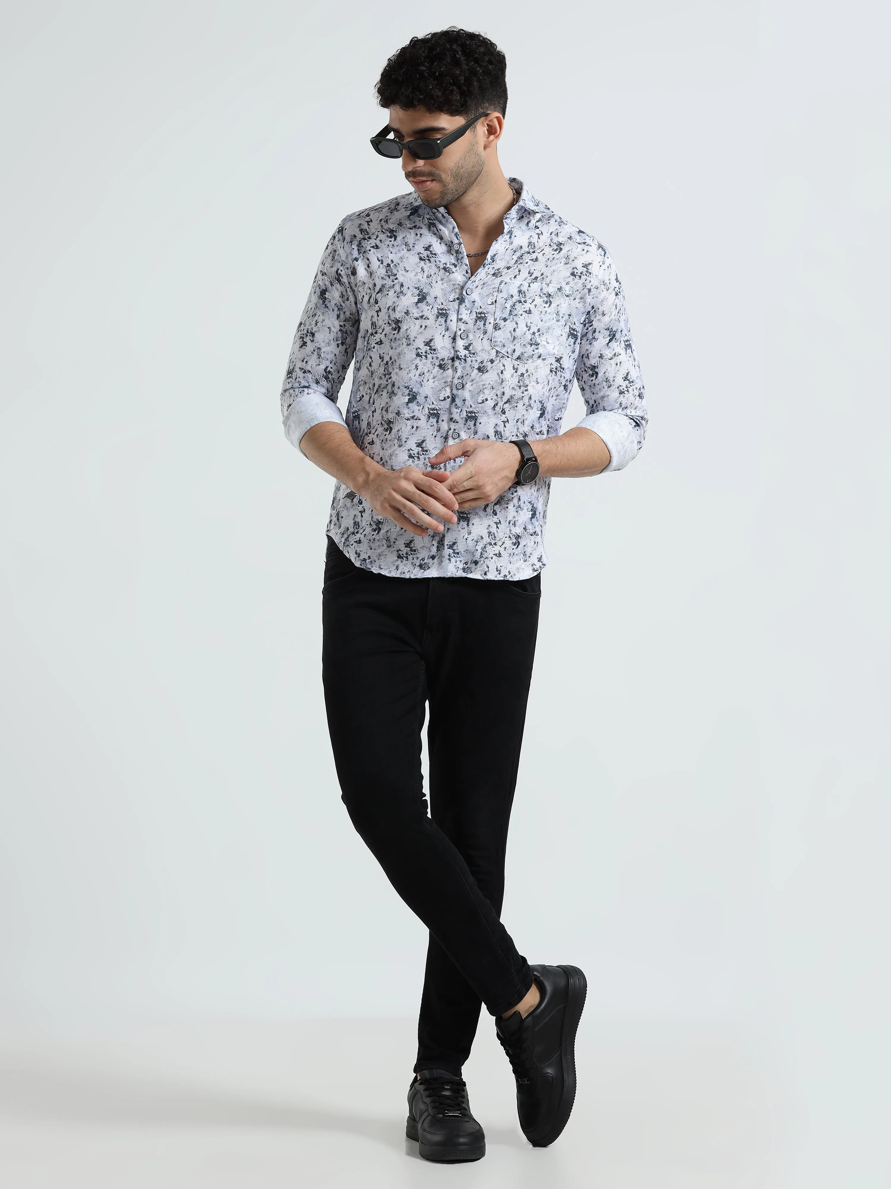 Men's White Green Slim Fit Printed Full Sleeve Casual Shirt