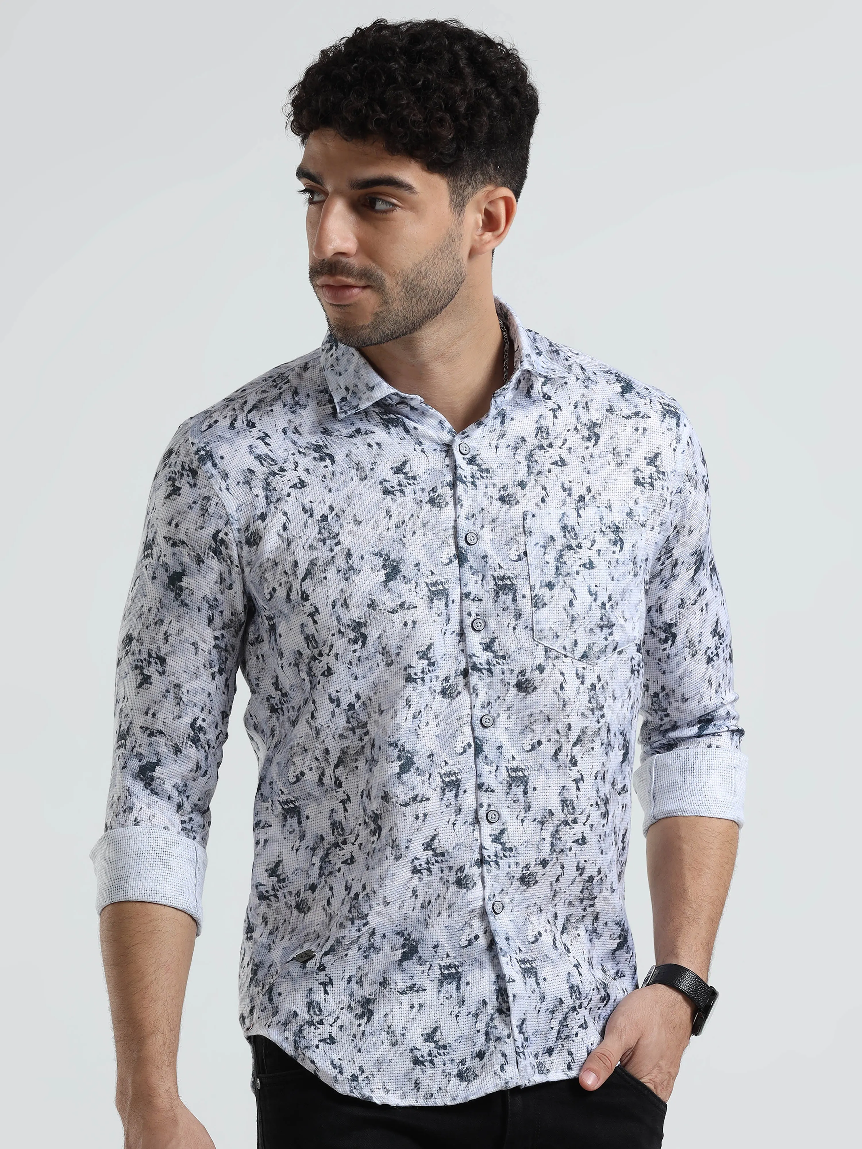 Men's White Green Slim Fit Printed Full Sleeve Casual Shirt